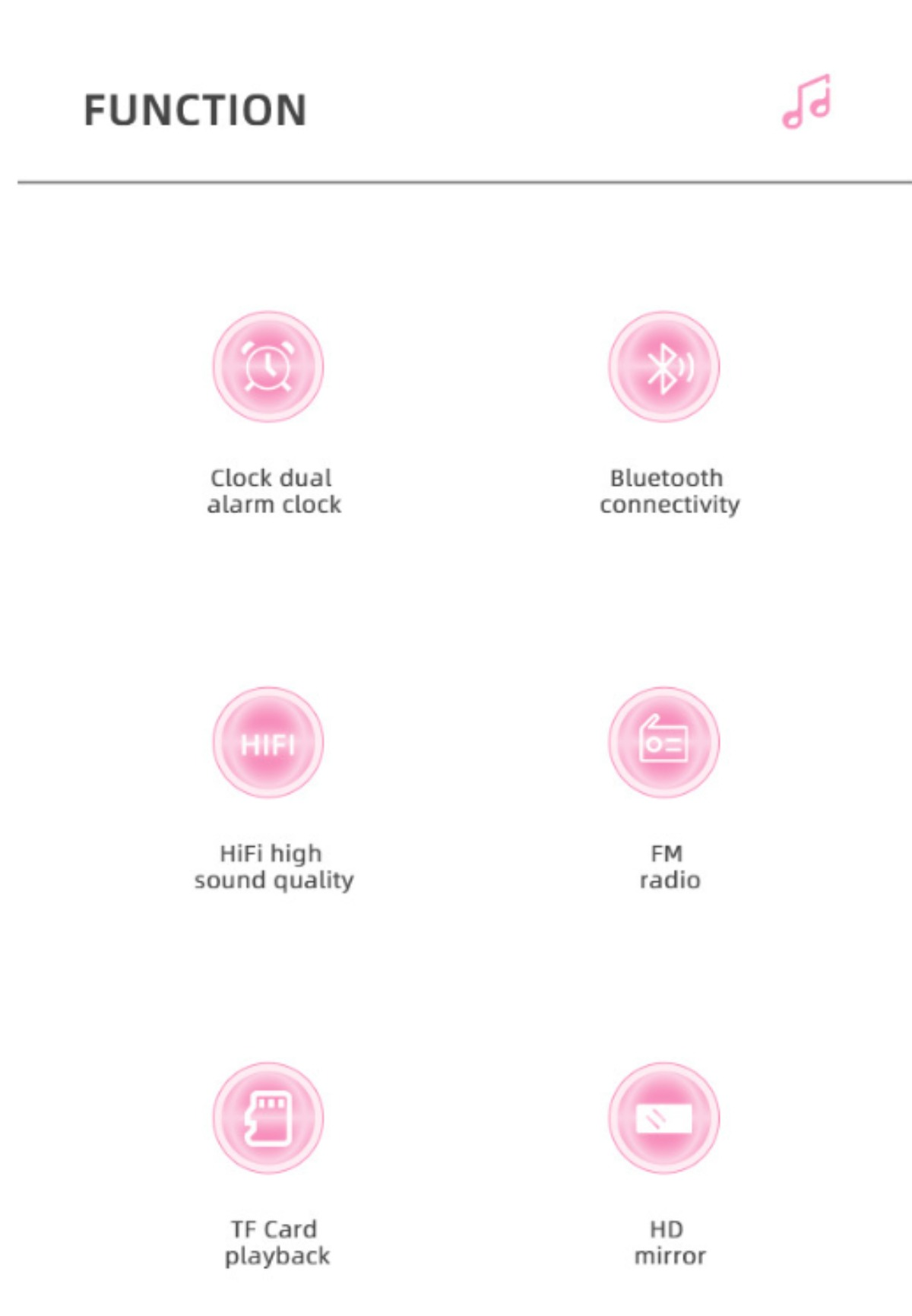 Pinke Icons, die Uhr, Bluetooth, HiFi, UKW-Radio, TF-Karte und einen Spiegel beschreiben.