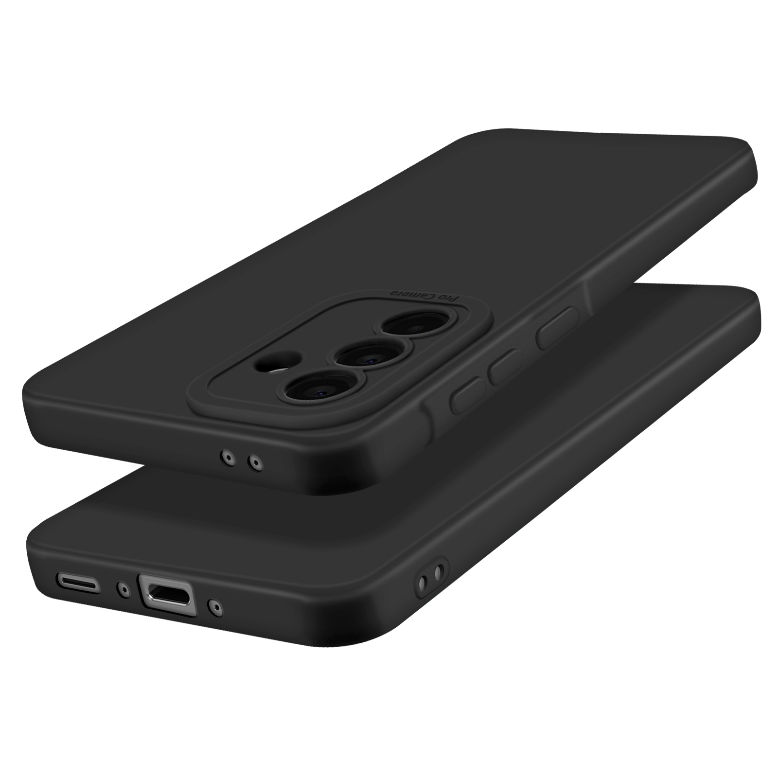 Twee zwarte telefoonhoesjes op elkaar gestapeld. De hoesjes hebben een uitsparing voor de camera.