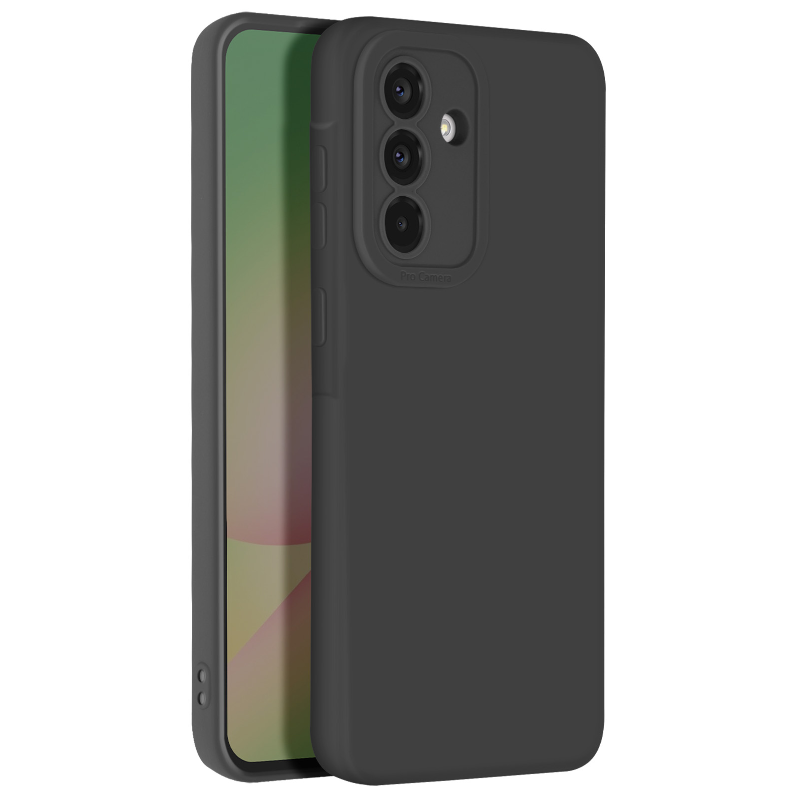 Zwarte telefoon met drievoudige camera. De telefoon zit in een donkergrijze hoes. Witte achtergrond.