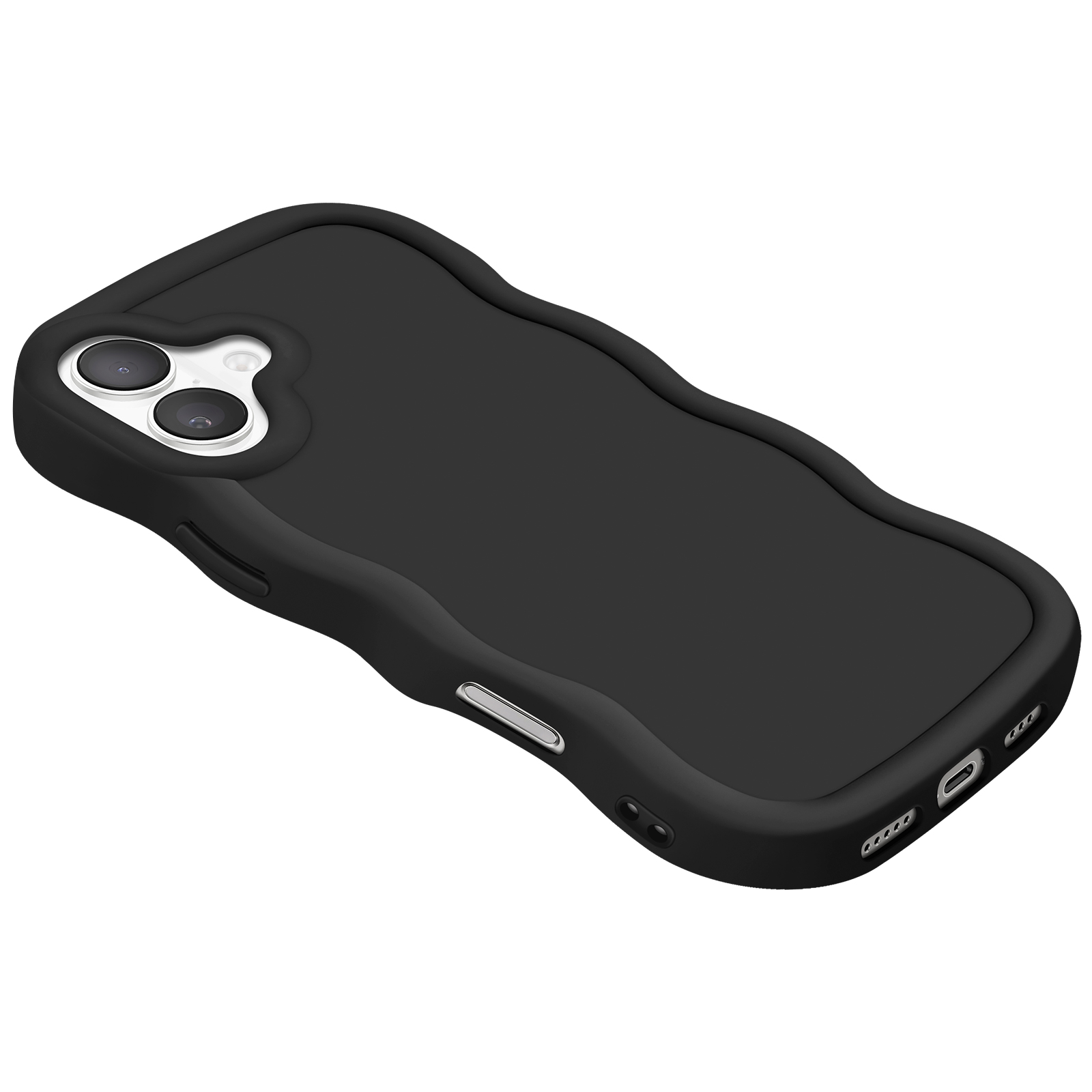 Una custodia nera per telefono con un design ondulato unico, che mostra un ritaglio della fotocamera e i pulsanti.