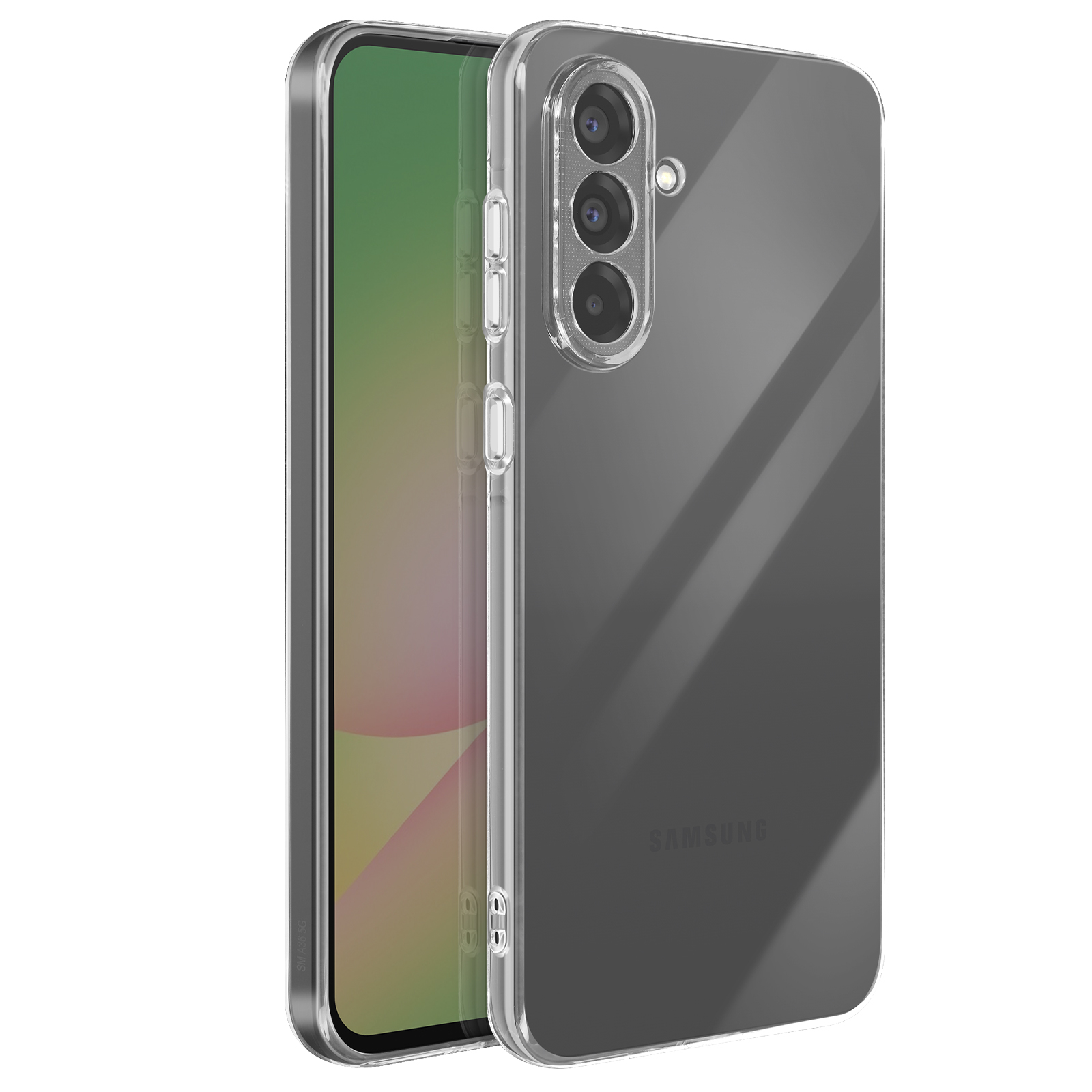Coque de téléphone transparente, vue en angle, montrant le téléphone à l'intérieur. Trois caméras visibles.