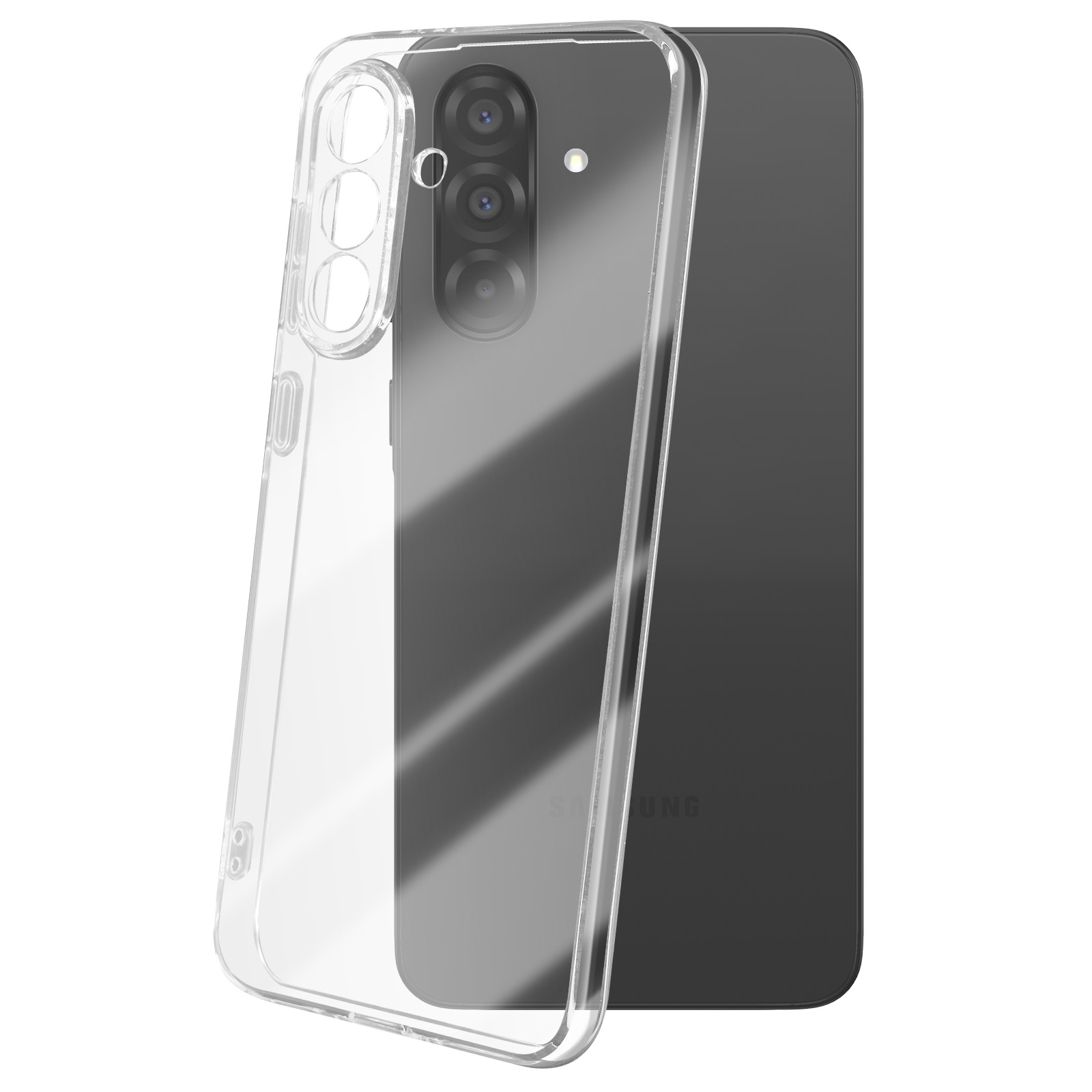 Coque de téléphone transparente sur un téléphone noir. Trois objectifs de caméra visibles. Fond blanc.