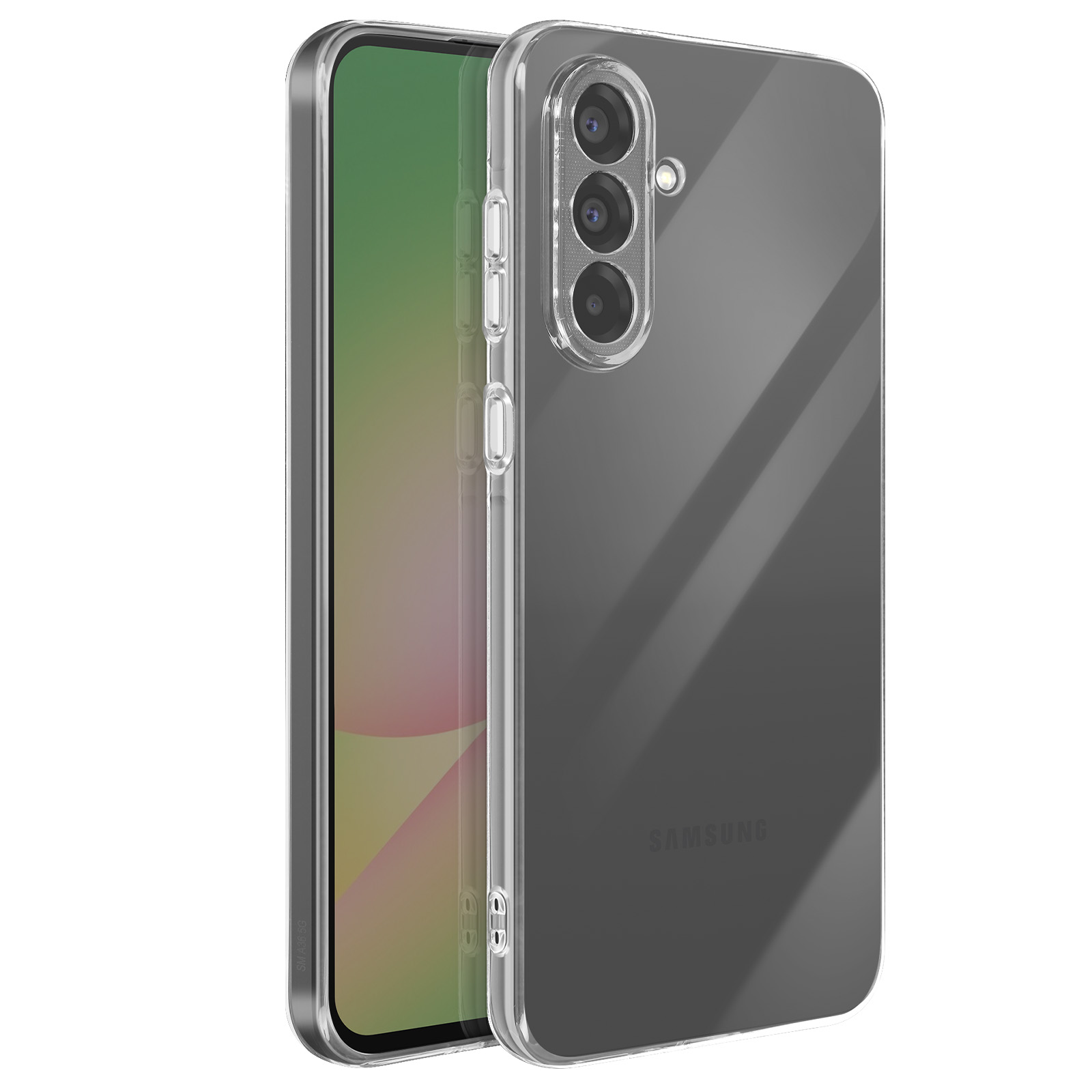 Une coque de téléphone transparente. Elle protège le téléphone qui a un appareil photo et est noir.