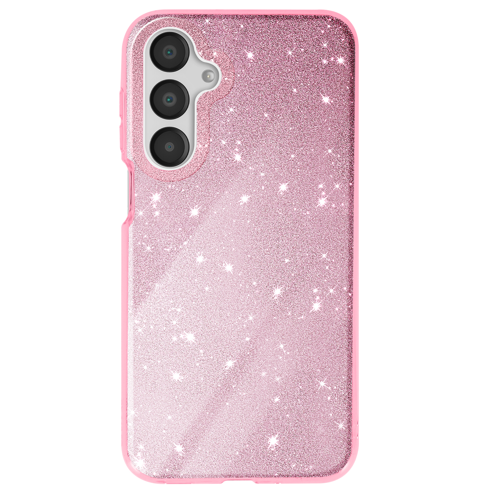 Custodia per telefono rosa con glitter e tre lenti della fotocamera. Anche i bordi sono rosa.