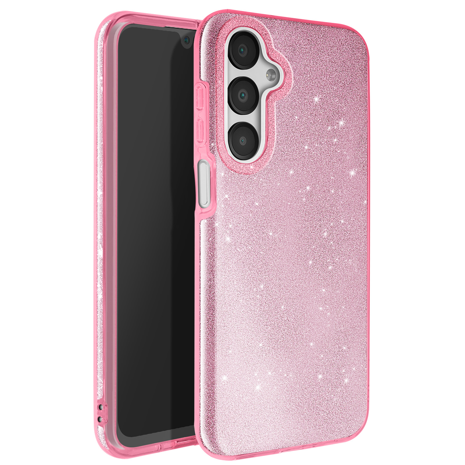 Custodia per telefono rosa glitterata con un telefono nero all'interno.