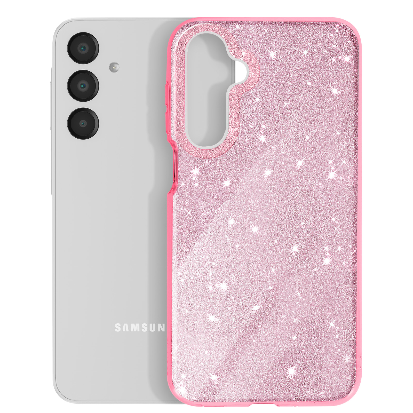 Un telefono argento con una custodia rosa glitterata. La custodia ha un ritaglio per la fotocamera e un telaio rosa.