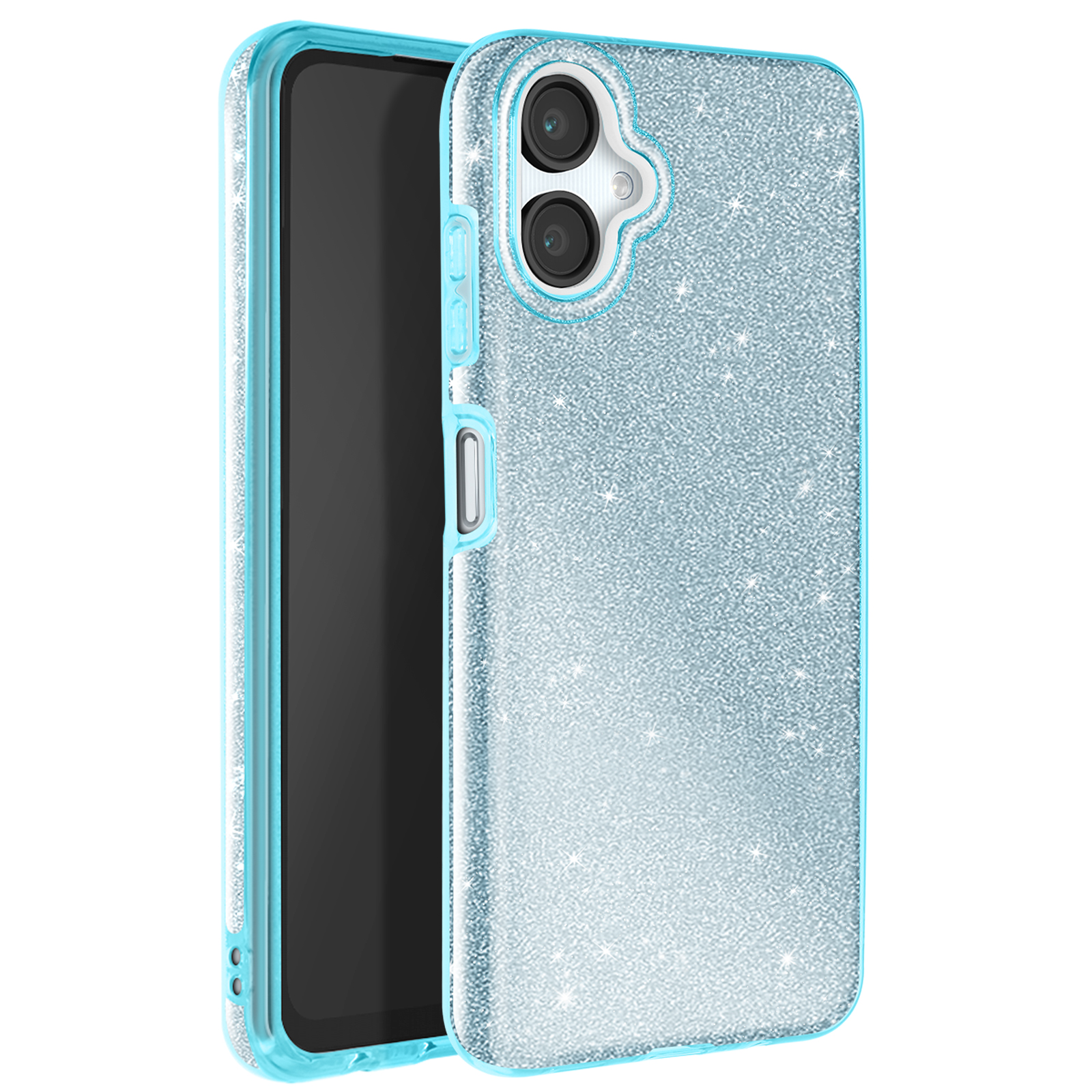 Custodia per telefono glitterata blu chiaro con cornice blu, più fori per fotocamera e superficie liscia.
