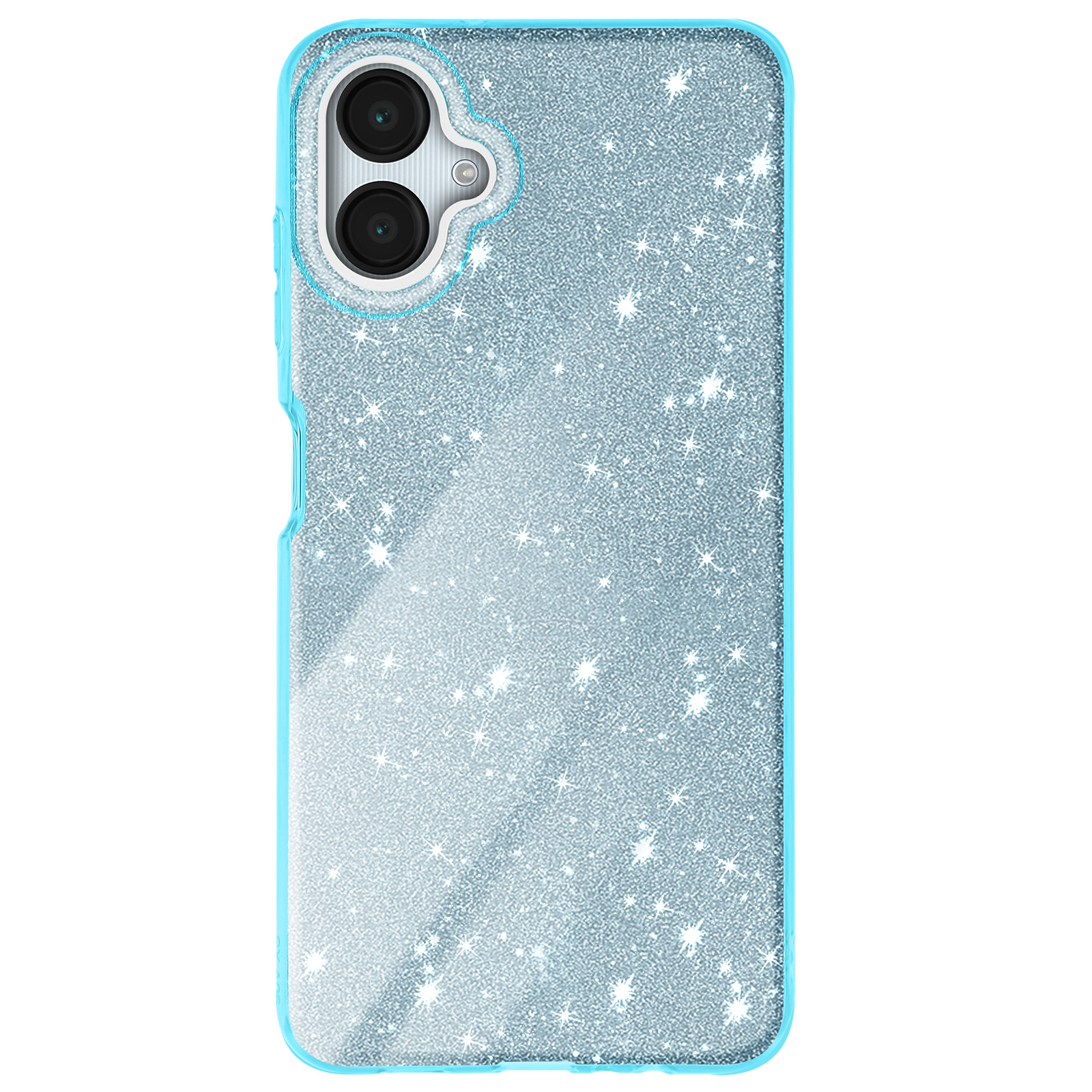 Custodia blu con glitter. Telefono nella custodia. Sfondo bianco.
