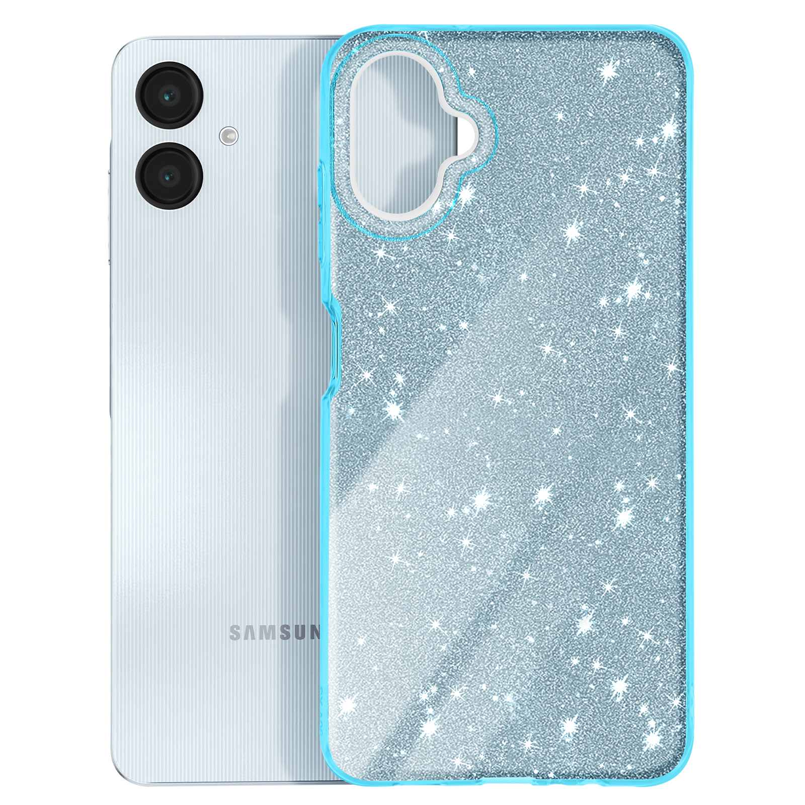 Telefono Samsung con cover azzurra e stelle. Telefono a sinistra, cover a destra.