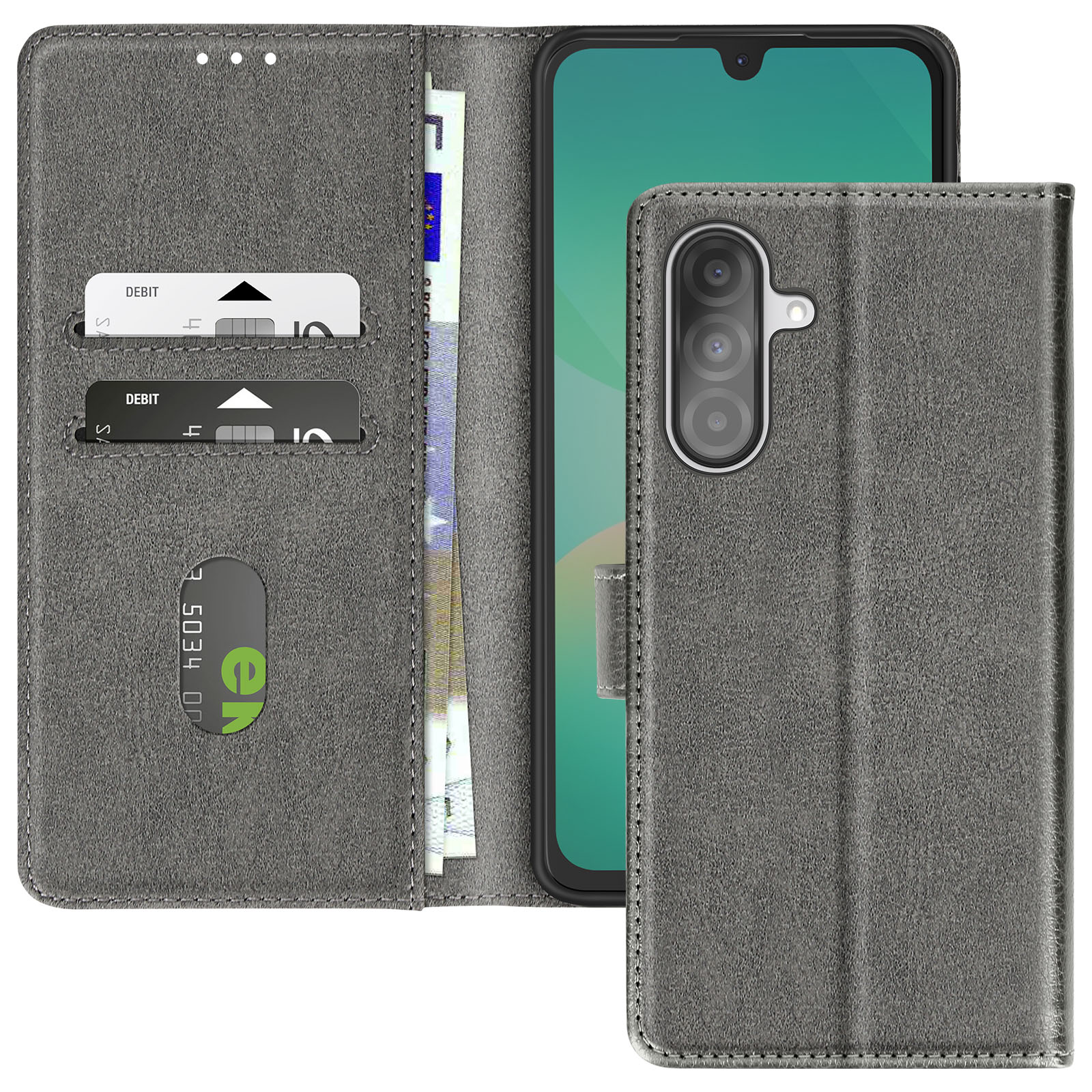 Custodia grigia con telefono dentro. La custodia contiene carte e denaro. Il telefono ha fotocamere.