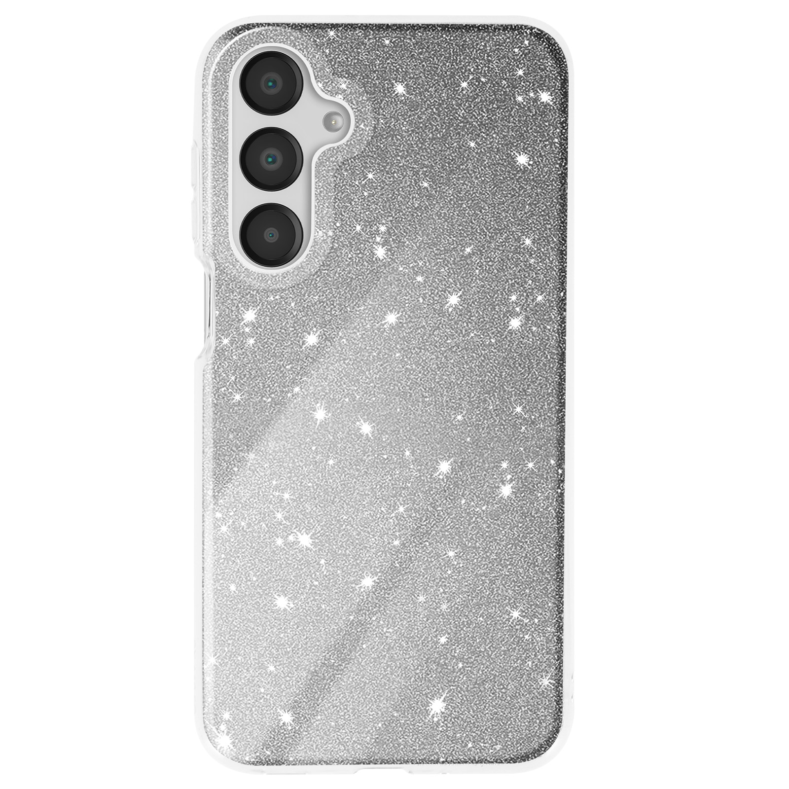 Custodia per telefono argentata scintillante con sporgenza della fotocamera e angoli arrotondati.
