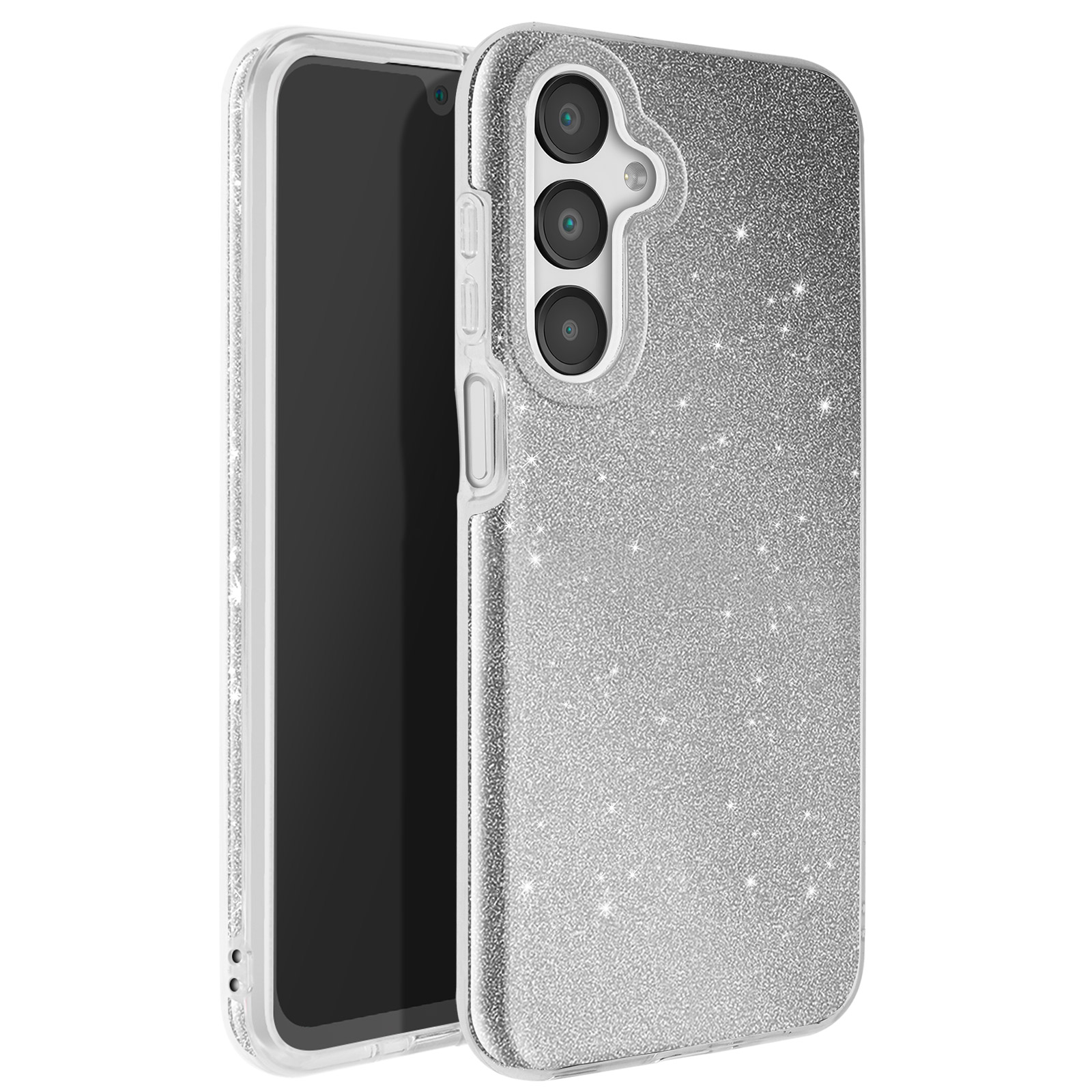Una custodia per telefono argentata glitterata con configurazione a tripla fotocamera e schermo nero.