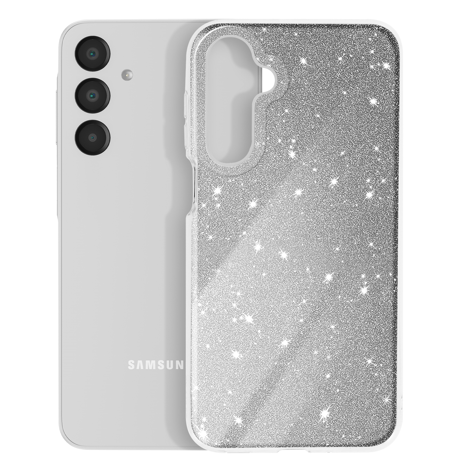 Una custodia per telefono argentata con un design a stelle glitterate.