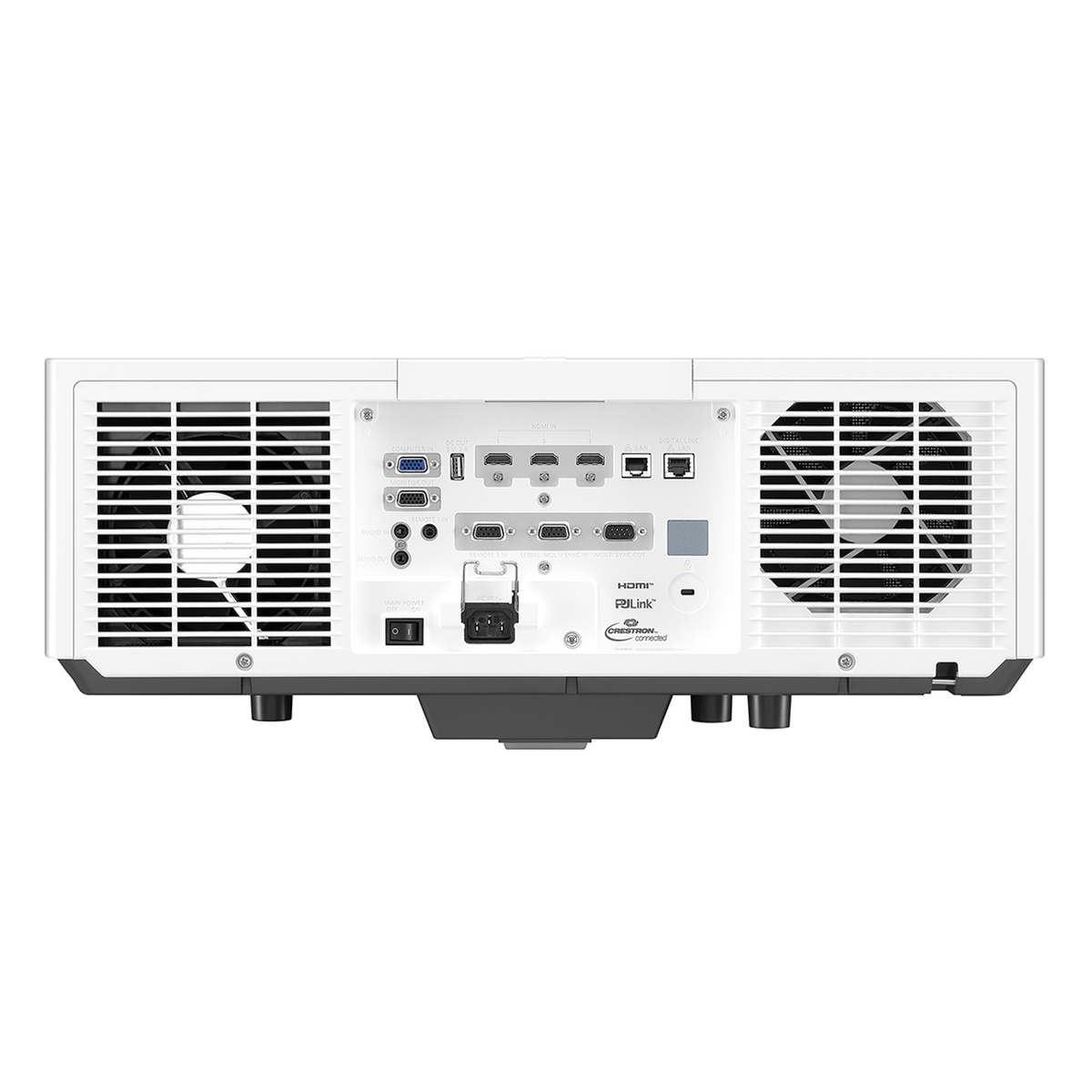 Vista trasera de un proyector con múltiples puertos de conexión. Diseño en blanco y negro con ventiladores.