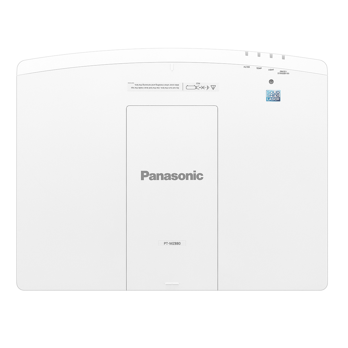 Proyector Panasonic blanco, vista superior. Logotipo de la marca y nombre del modelo visibles.