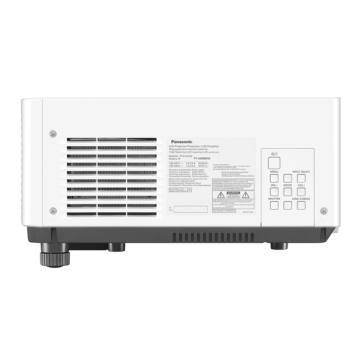 Vista trasera de un proyector Panasonic blanco con puertos de conexión y botones.