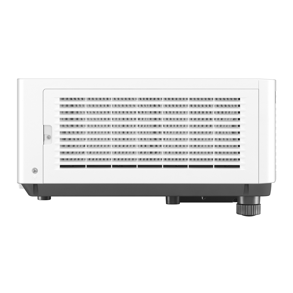 Proyector blanco con una rejilla de agujeros en el lateral, con algunos puertos y un botón.