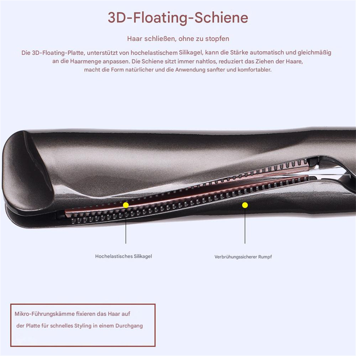 Nahaufnahme eines Haarglätters mit Heizplatten und Text über 3D-Floating-Schiene.