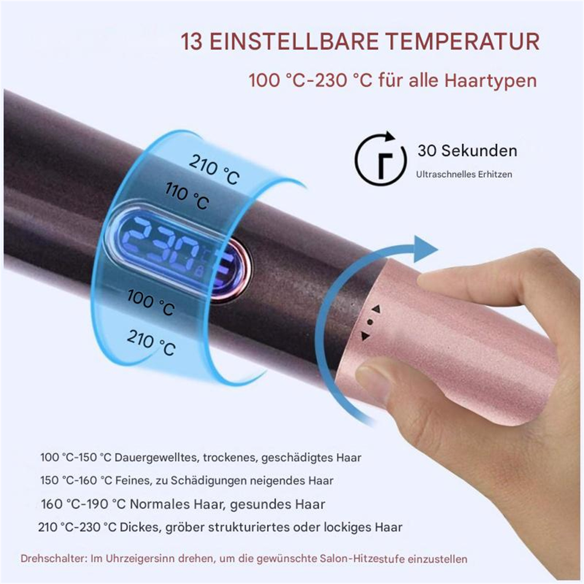 Ein Lockenstab mit angezeigten Temperatureinstellungen und Text über Haartypen.