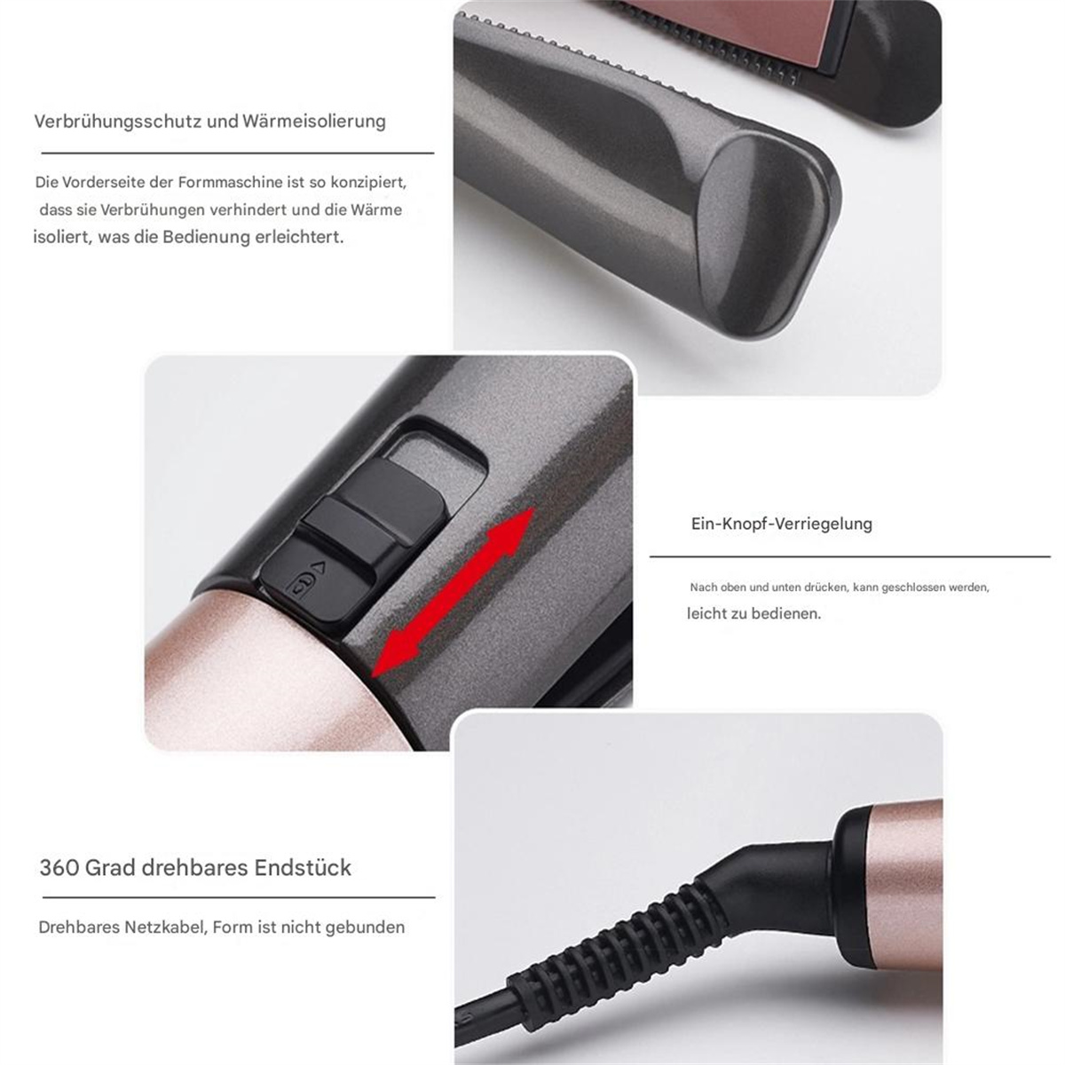 Nahaufnahmen eines Haarstyling-Tools mit Etiketten, die Funktionen anzeigen.