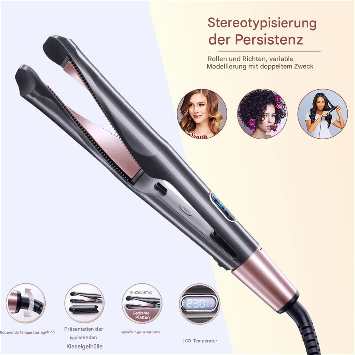 Ein Haarglätter mit verschiedenen Designelementen wie rotierender Temperaturregelung und LCD-Anzeige.
