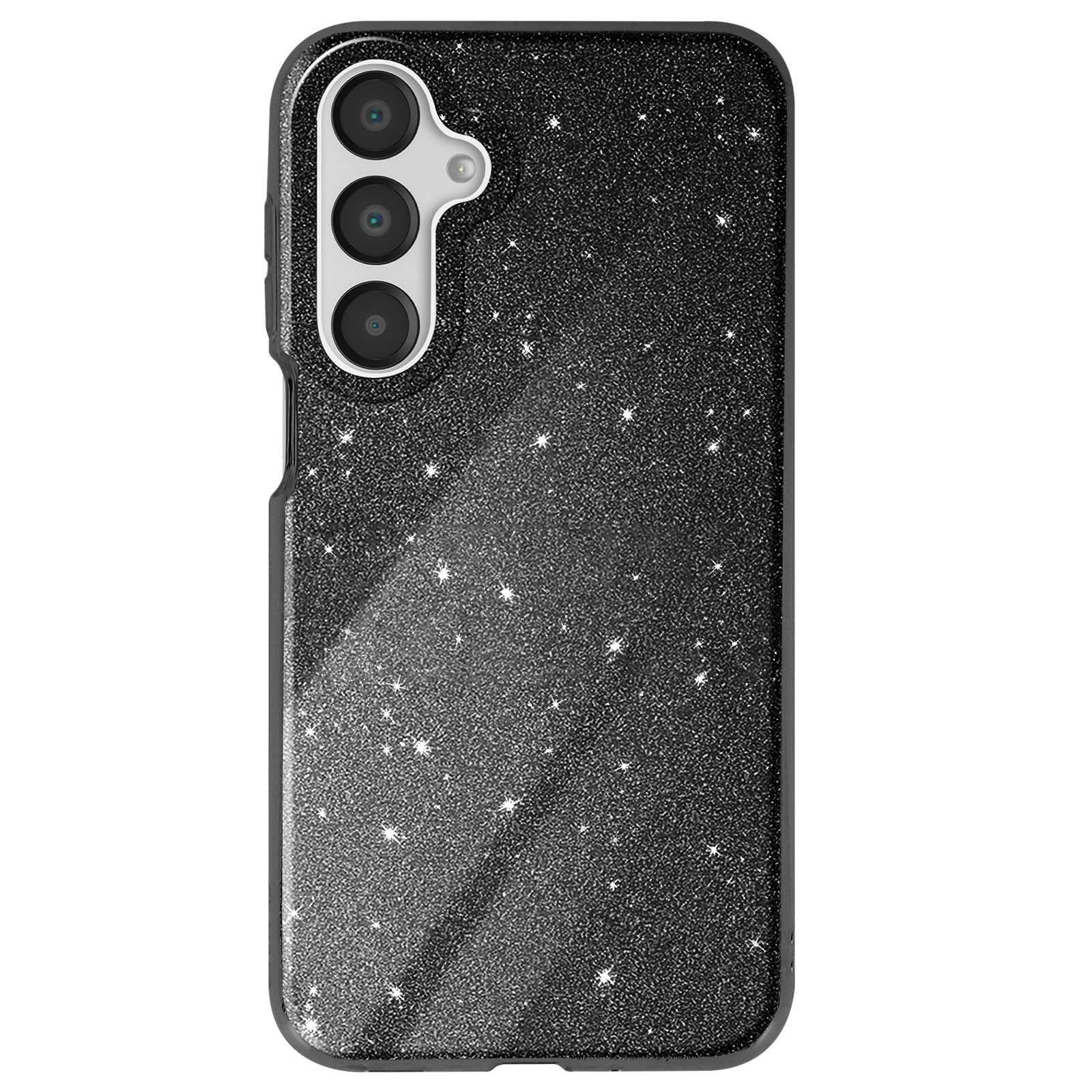 Custodia per telefono nera con glitter e tripla fotocamera, su sfondo bianco.