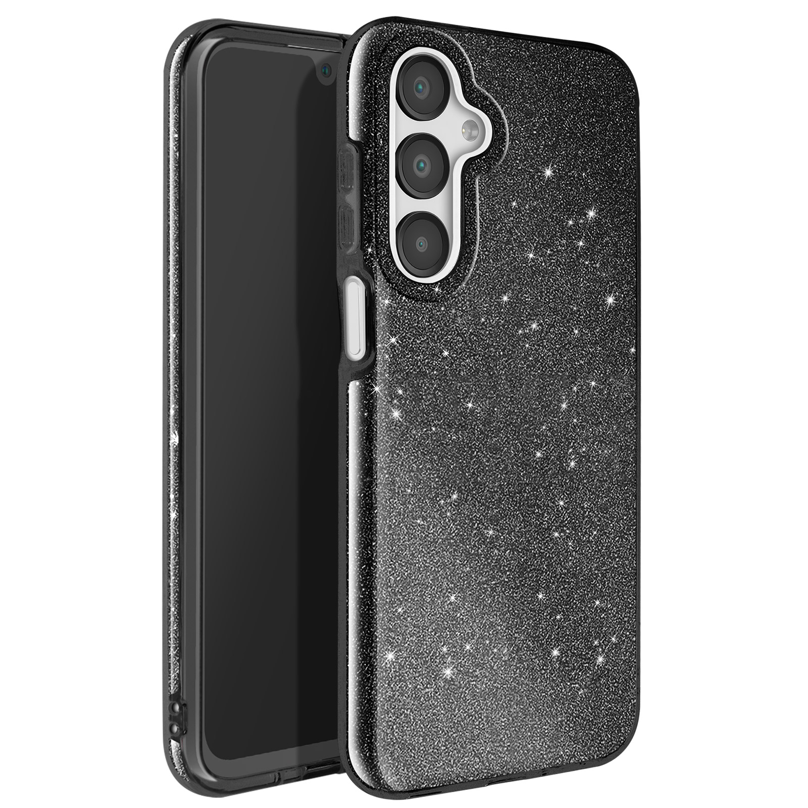Una custodia per telefono nera con un design glitterato, che mostra la fotocamera e il bordo del telefono.