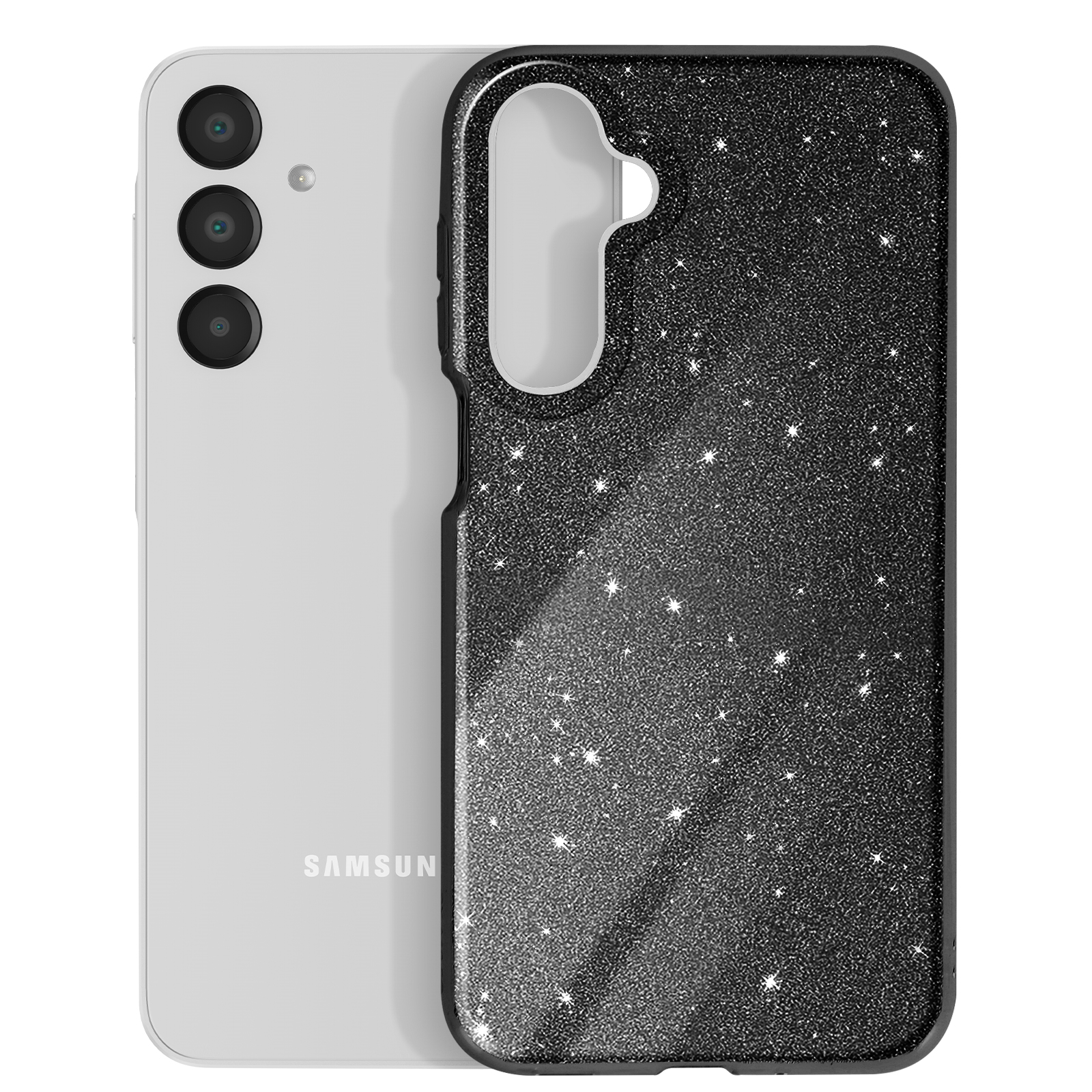 Un telefono e una custodia. Il telefono è argentato e la custodia nera con un design a stelle. Su un tavolo.