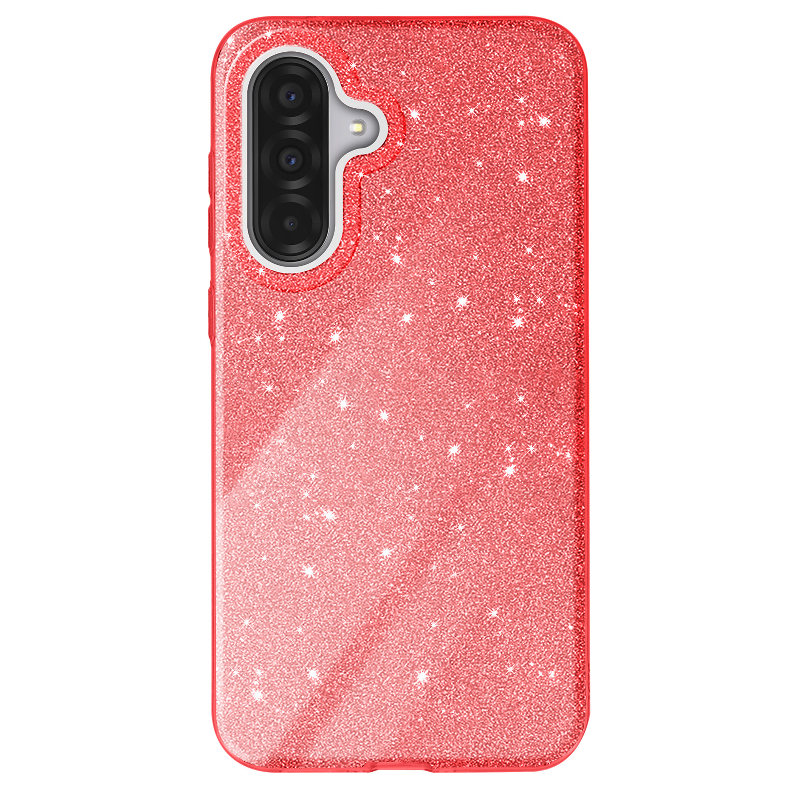 Coque de téléphone rouge pailletée avec une bosse pour la caméra. Comprend trois lentilles d'appareil photo.