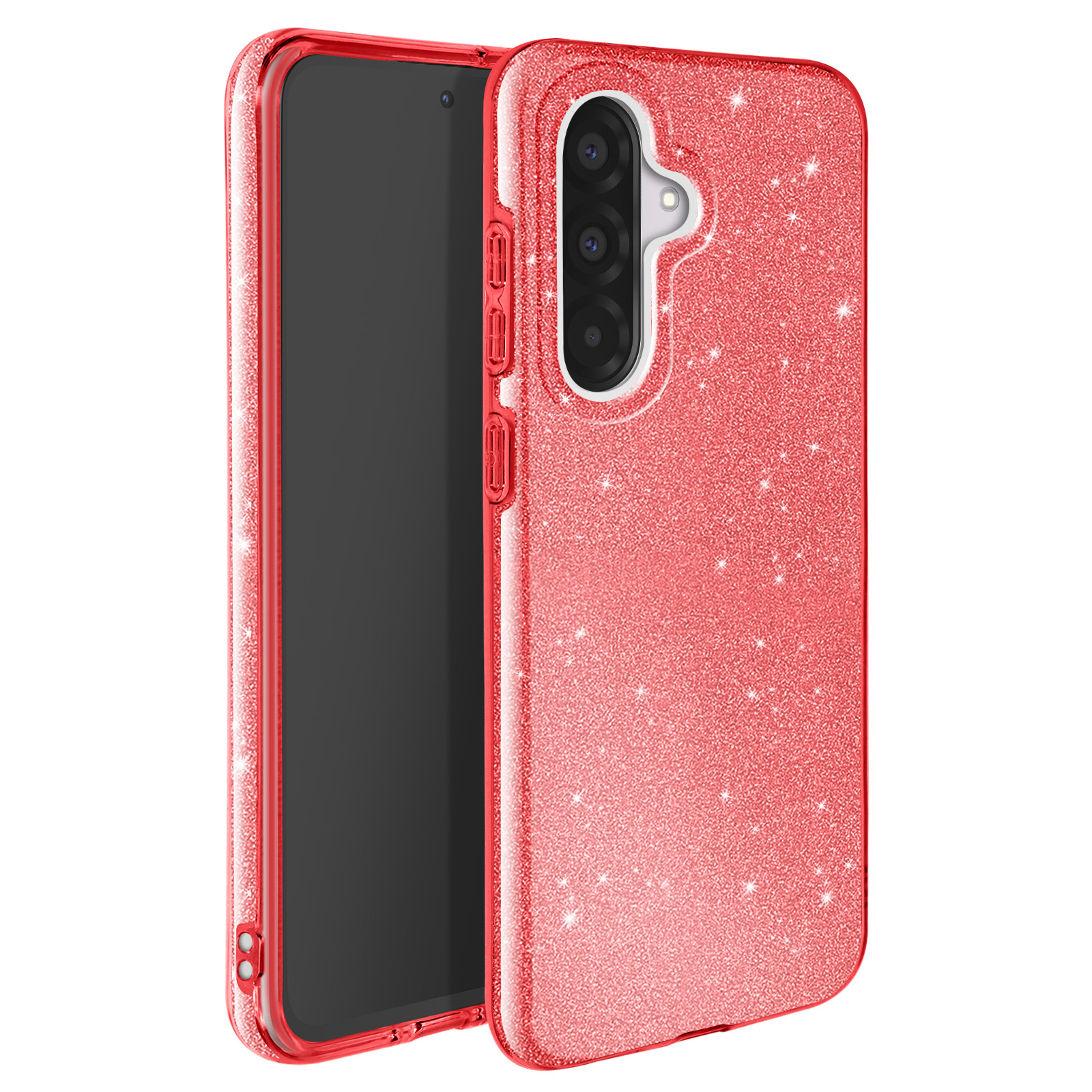 Coque de téléphone rouge pailletée avec un téléphone à l'intérieur.