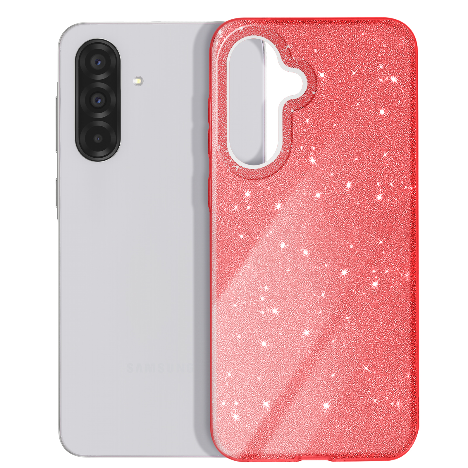 Smartphone avec dos blanc et coque rouge à paillettes. Allongé, montrant le dos et la coque.