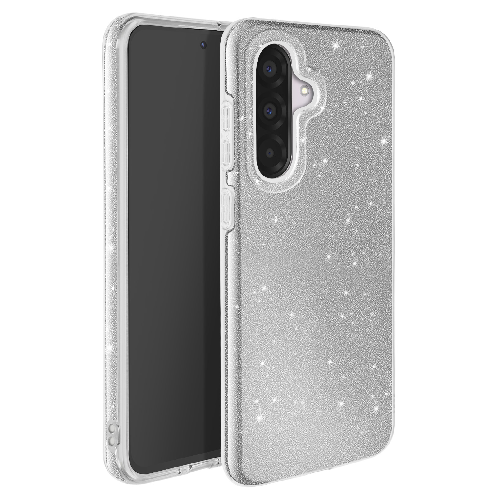 Une coque de téléphone argentée avec une texture brillante et scintillante. L'écran du téléphone est noir.