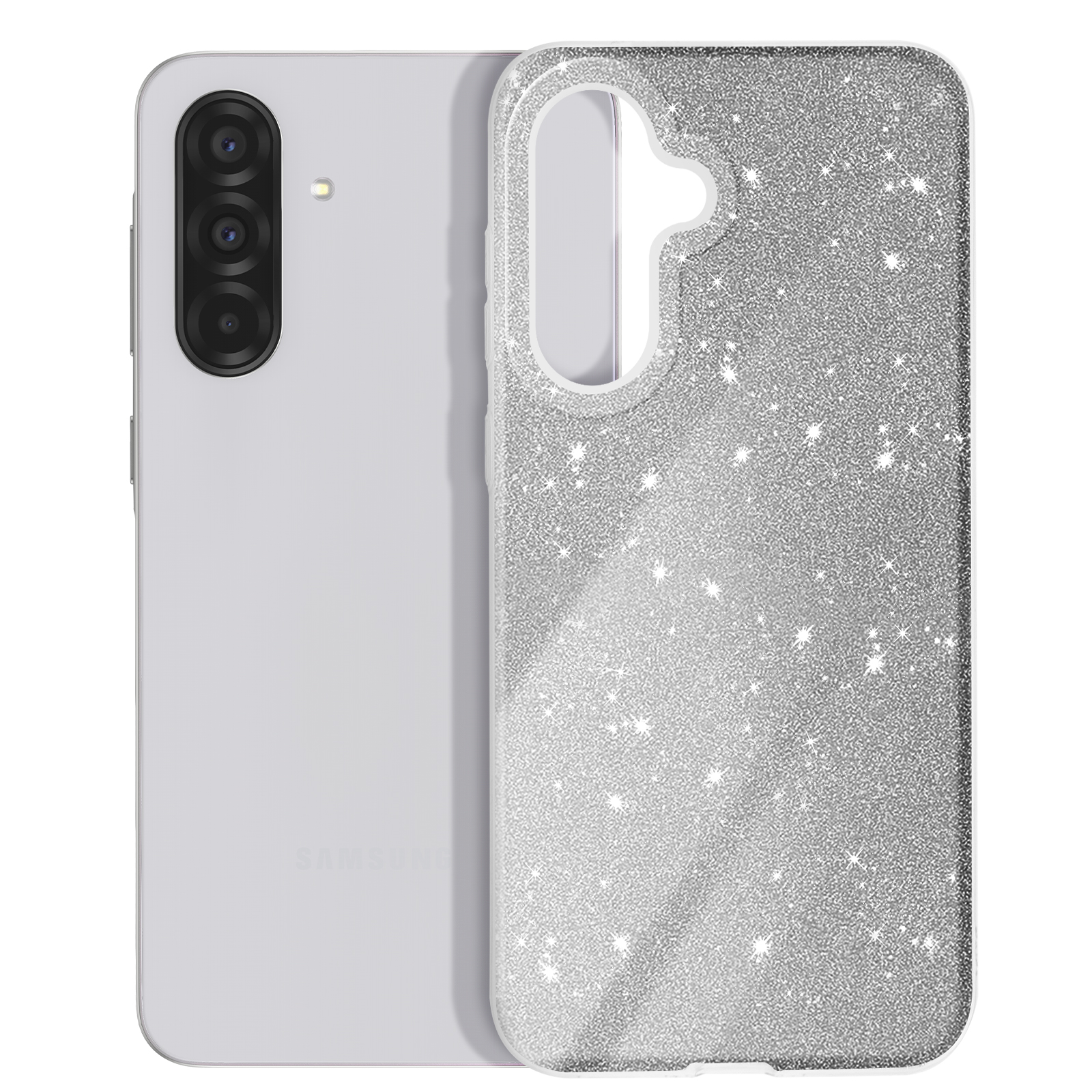 Téléphone et étui à paillettes. Le téléphone est blanc. L'étui est argenté brillant.