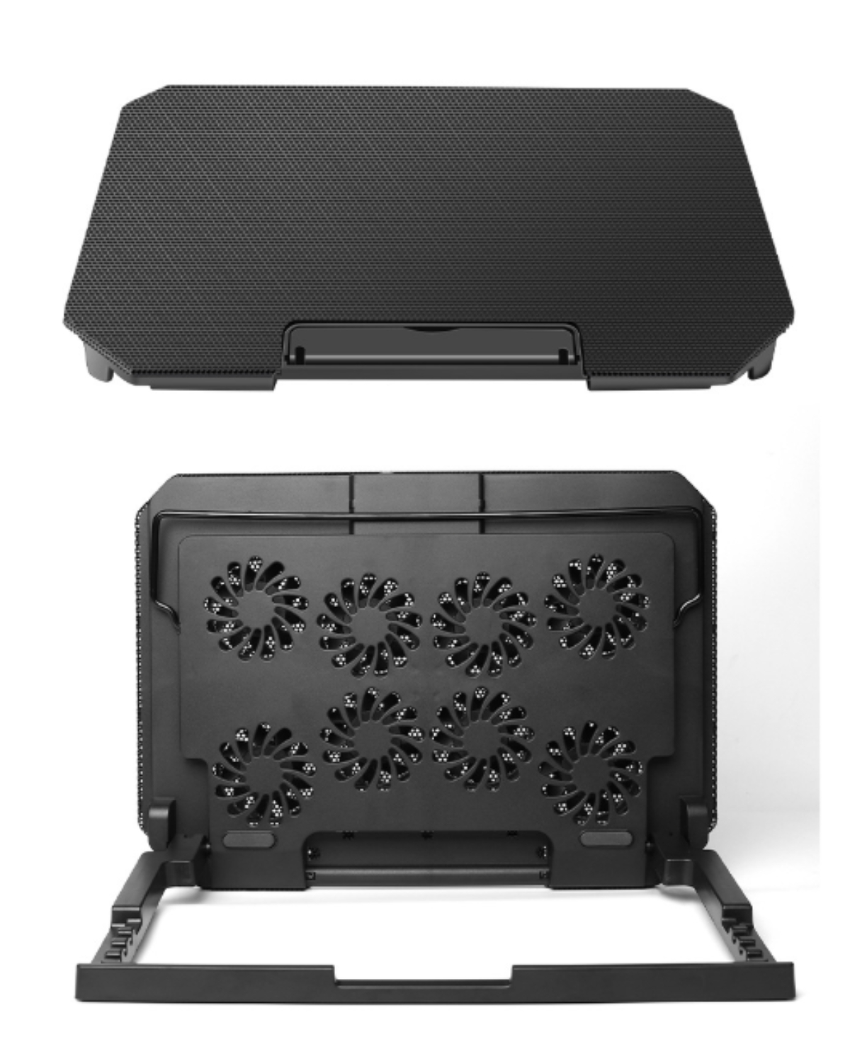 Ein schwarzes Laptop-Kühlpad, Ansicht von oben und unten. Hat Lüftungsschlitze und einen Rahmen zur Höhenverstellung.