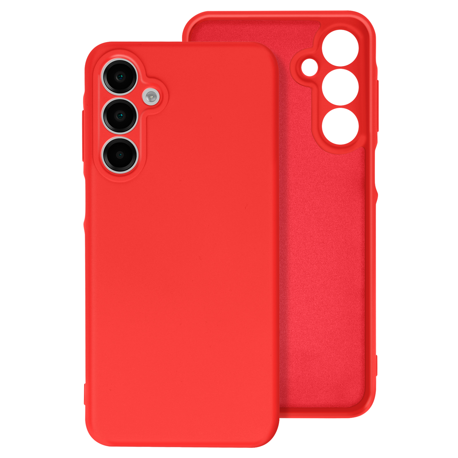 Custodia per telefono rossa, vista anteriore e posteriore. Ha tre fotocamere. La custodia è di colore rosso pieno.