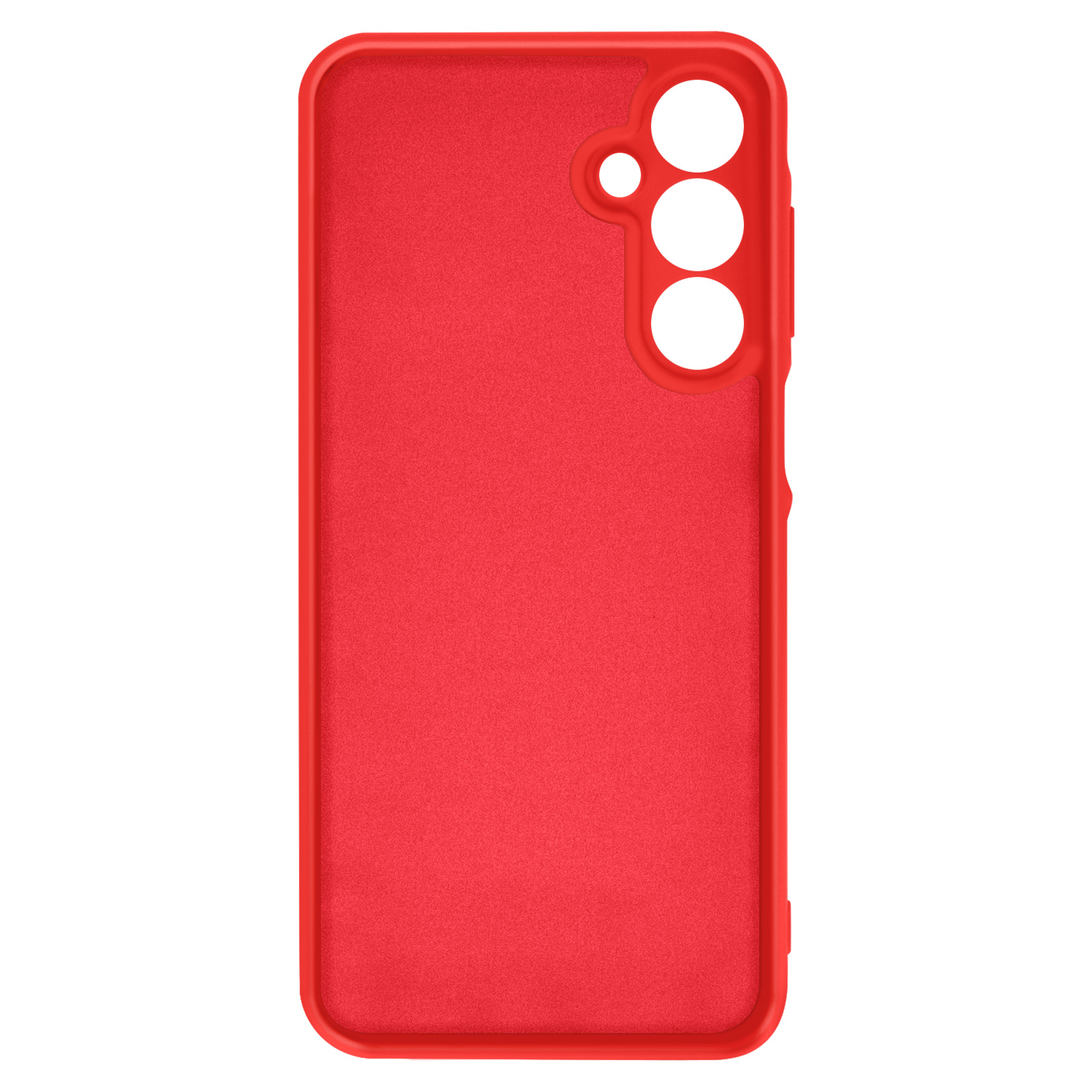 Custodia per telefono rossa con tre fori per la fotocamera. La custodia è liscia e semplice.