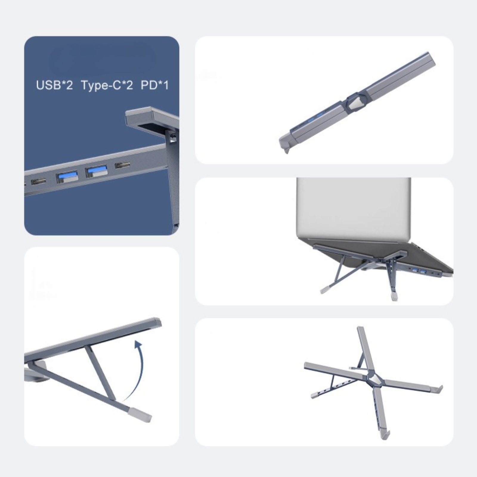 Laptopständer mit USB-Anschlüssen, mehrere Ansichten mit Winkeln und Funktionen.