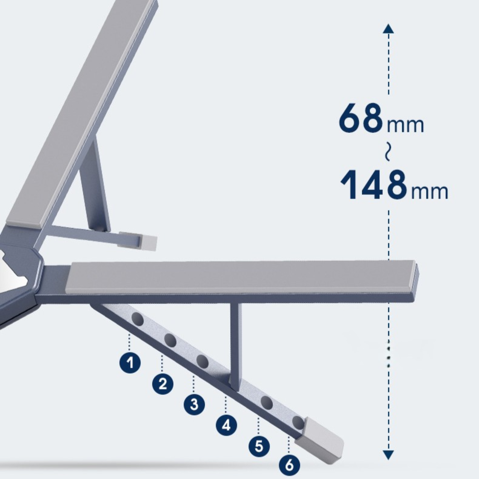 Ein verstellbarer Laptop-Ständer mit Höhenmessungen und Einstellpunkten.