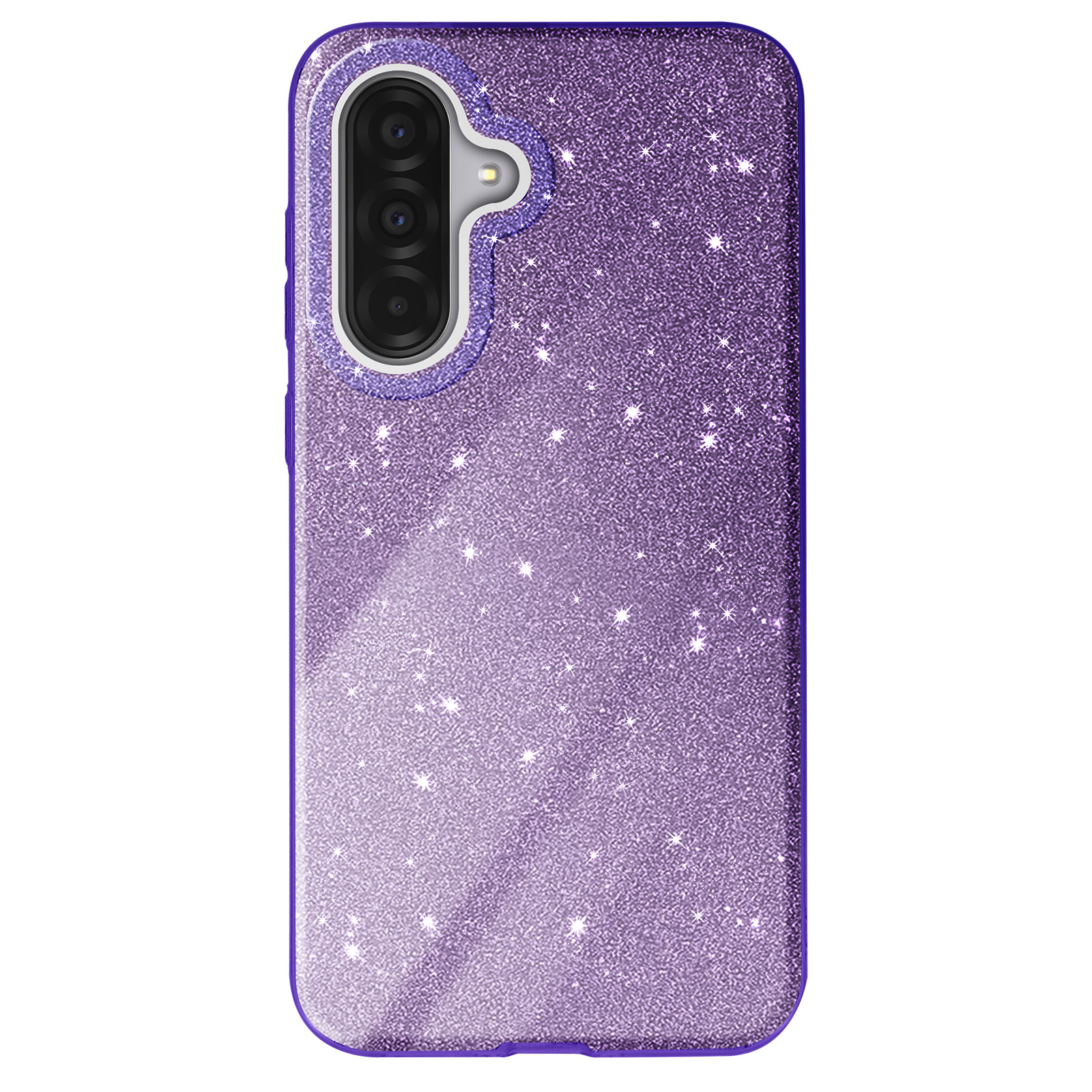 Coque de téléphone violette scintillante. Comprend des découpes pour l'appareil photo et des boutons latéraux. Effet pailleté sur la surface.