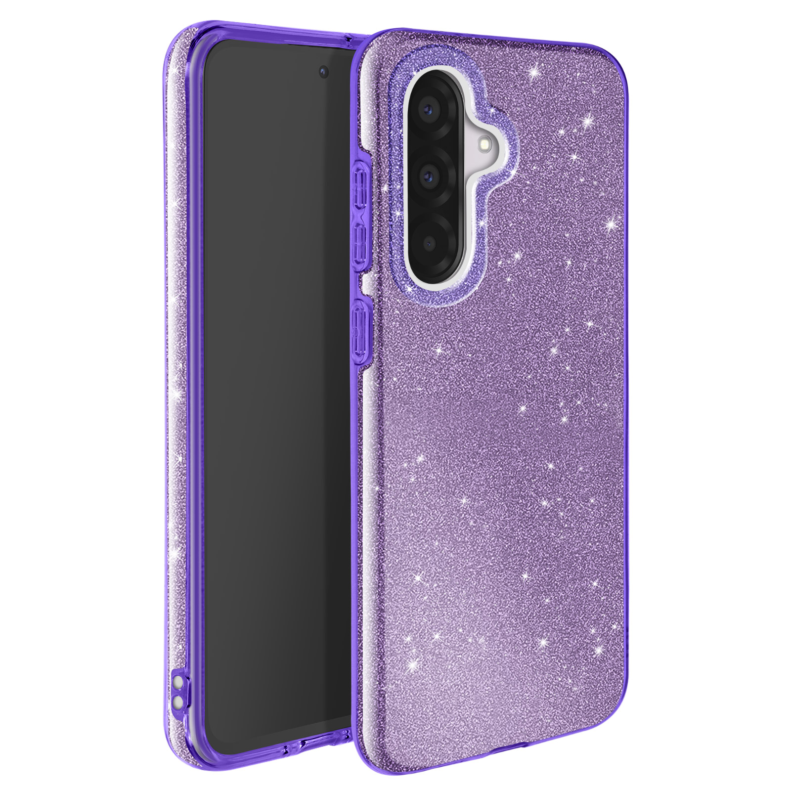 Une coque de téléphone à paillettes violettes avec un téléphone noir à l'intérieur, sur fond blanc.