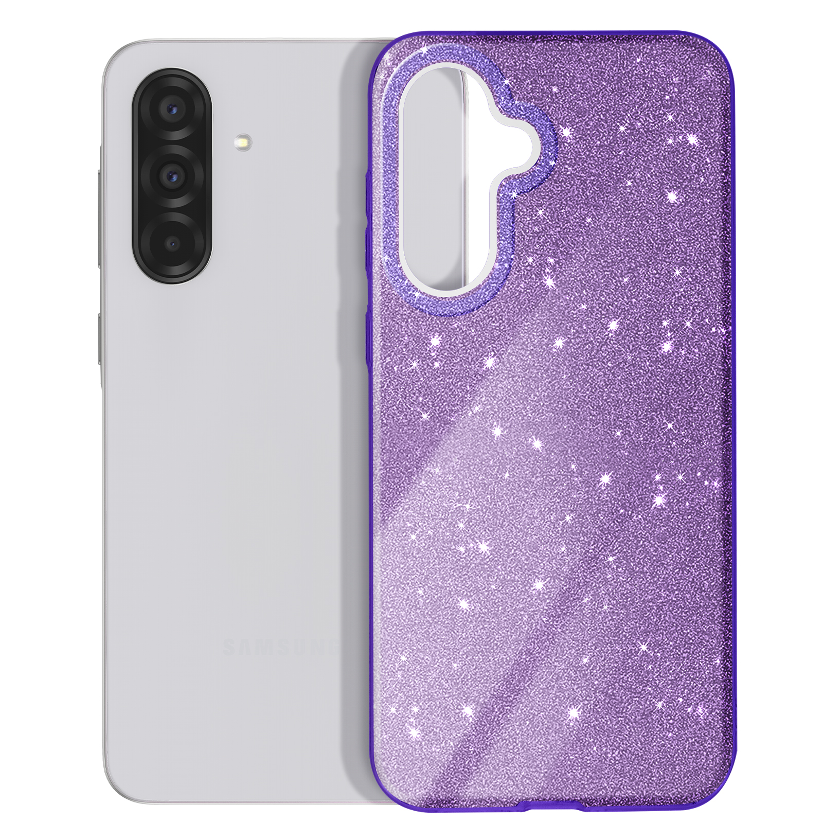 Coque de téléphone violette à paillettes avec découpe pour caméras, à côté d'un téléphone blanc.