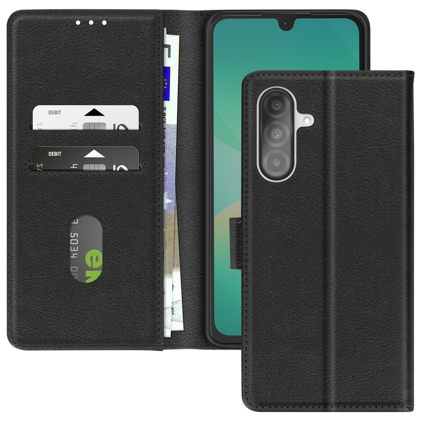 Custodia nera per telefono con tasche per carte e denaro. All'interno ci sono carte di debito e denaro.