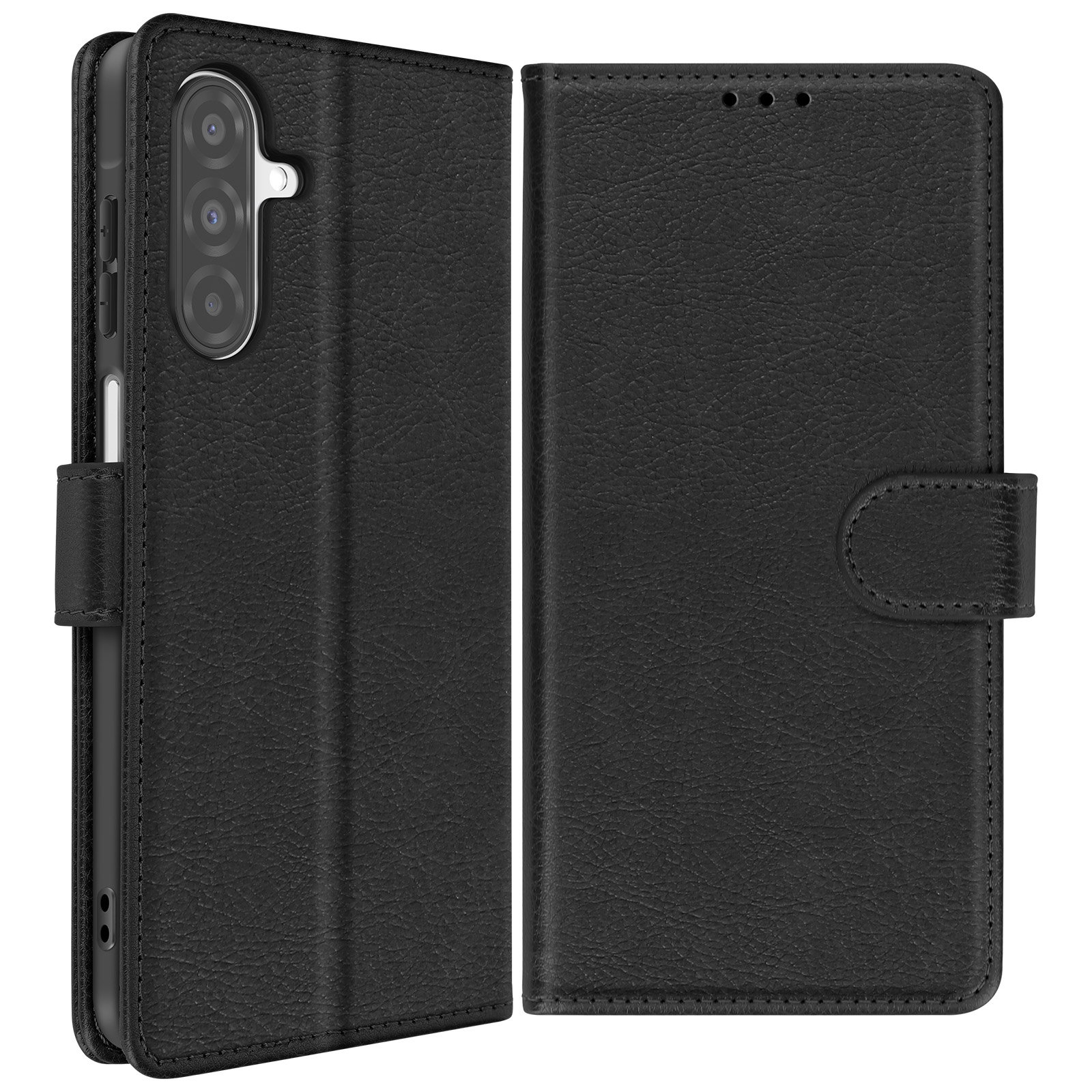 Custodia per telefono nera, chiusa e aperta, con telefono visibile. Lo sfondo è bianco.