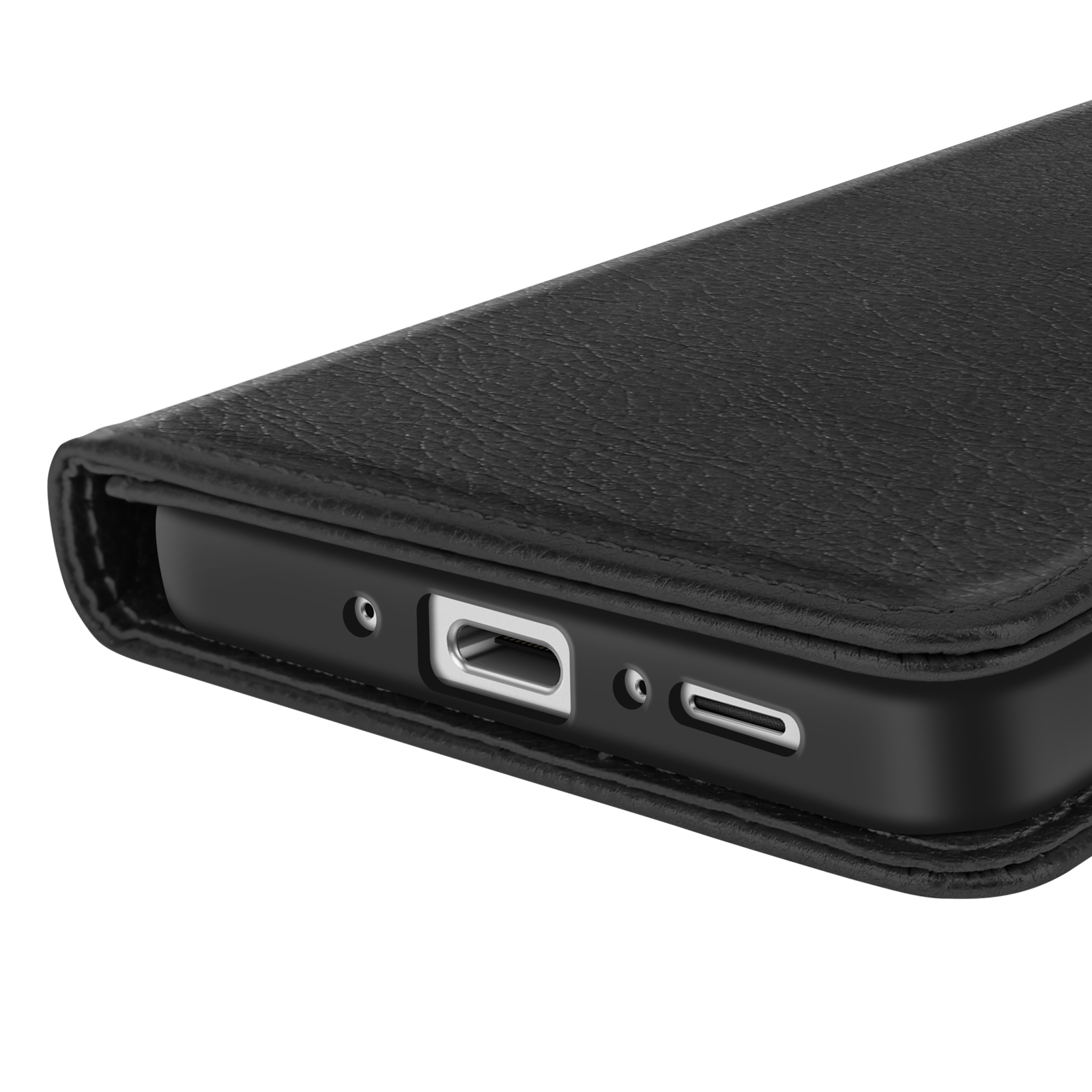 Un primo piano di una custodia per telefono nera con porte e una trama in pelle.