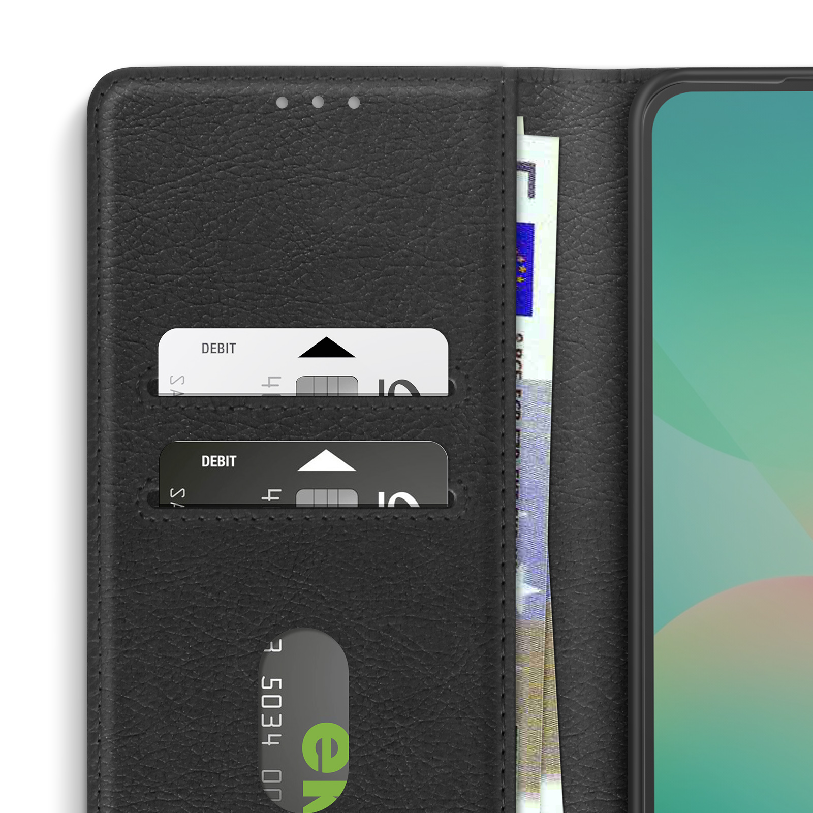 Custodia per telefono nera a portafoglio con carte di debito e banconote in euro visibili.