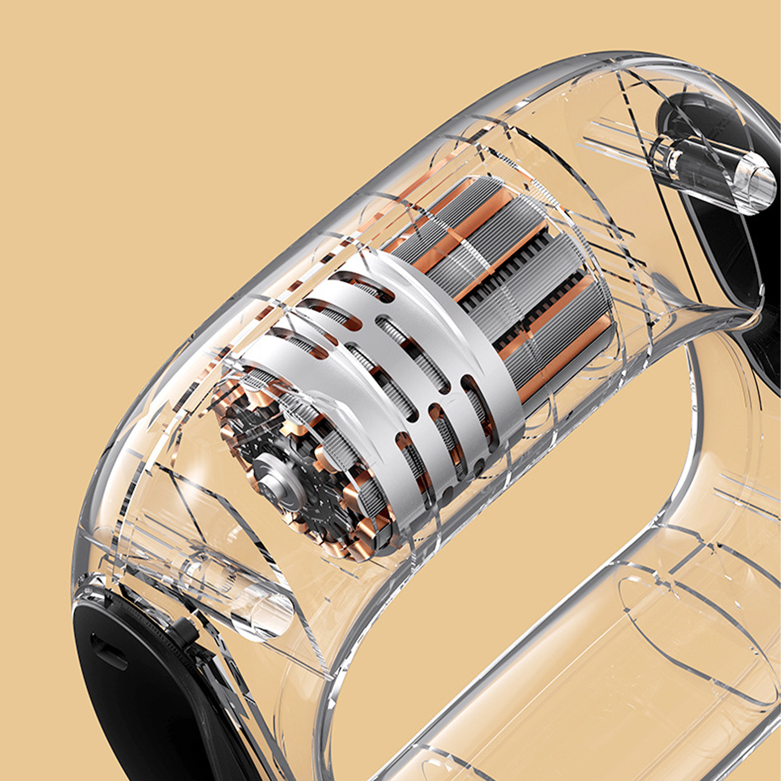 Eine Innenansicht eines transparenten Haarschneiders, die den Motor und die internen Komponenten im Detail zeigt.