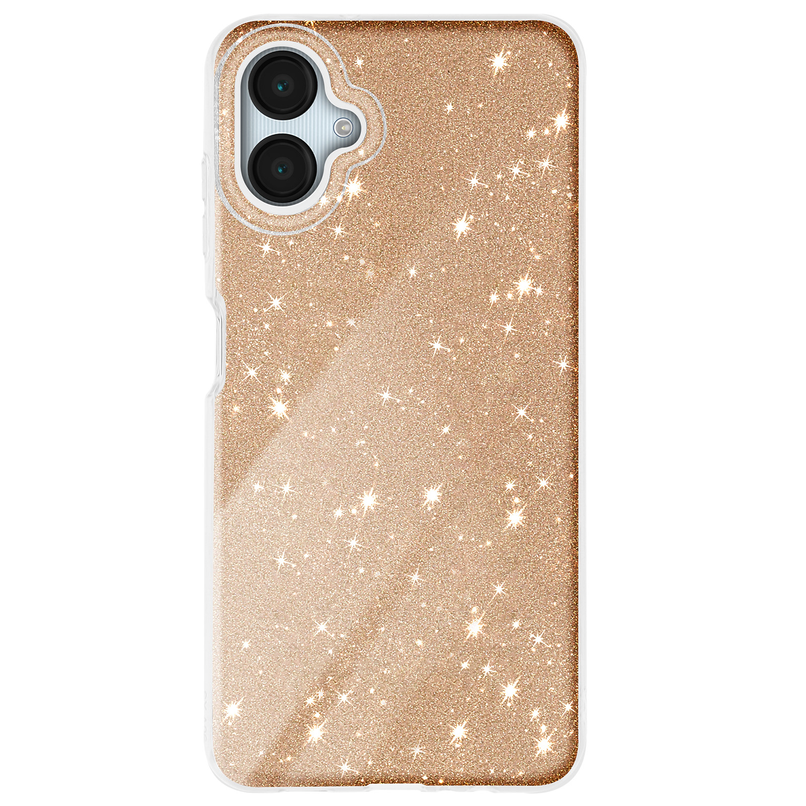 Una custodia per telefono dorata scintillante con un ritaglio per la fotocamera. Le stelle sono visibili.