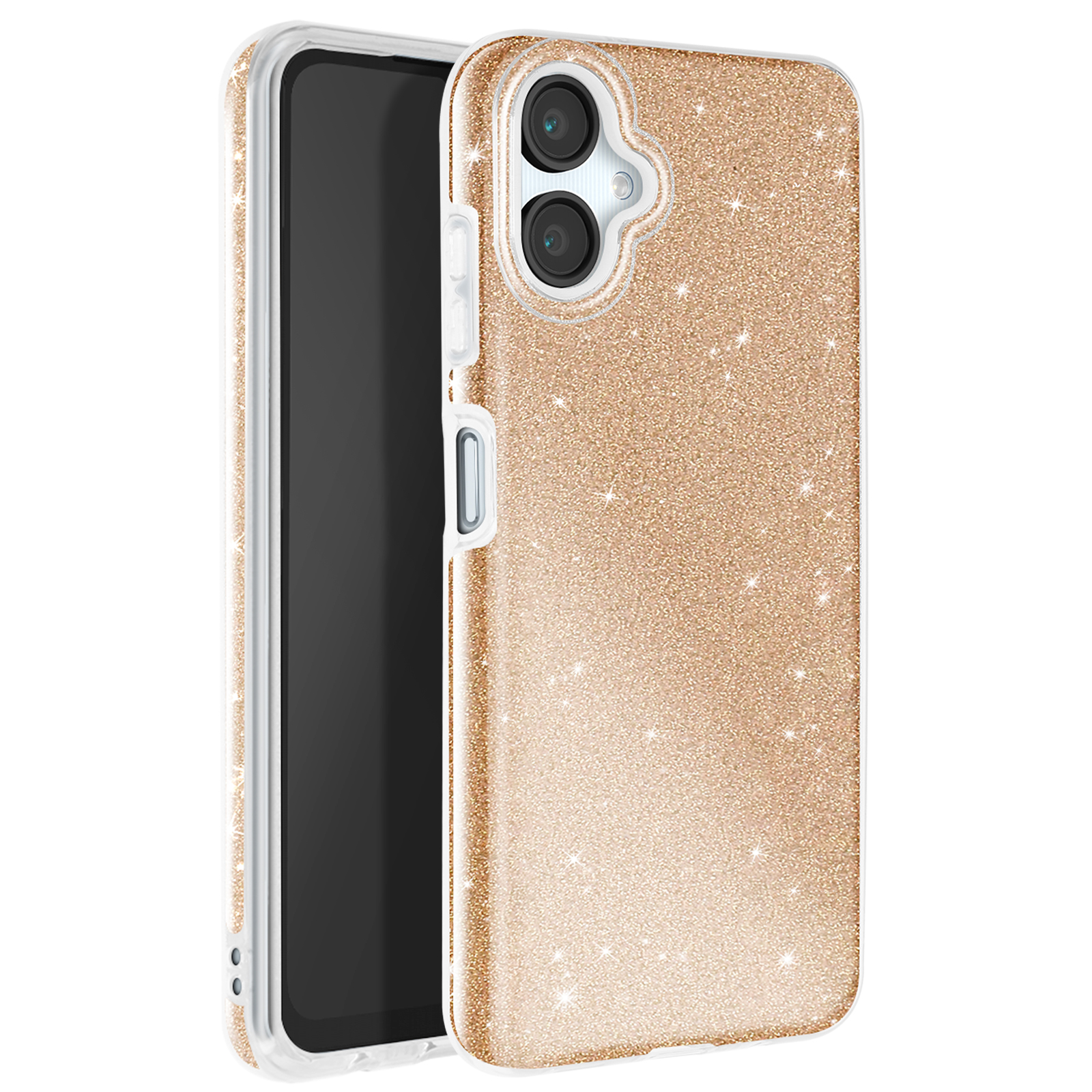 Custodia per telefono color champagne con glitter. La custodia copre il telefono.