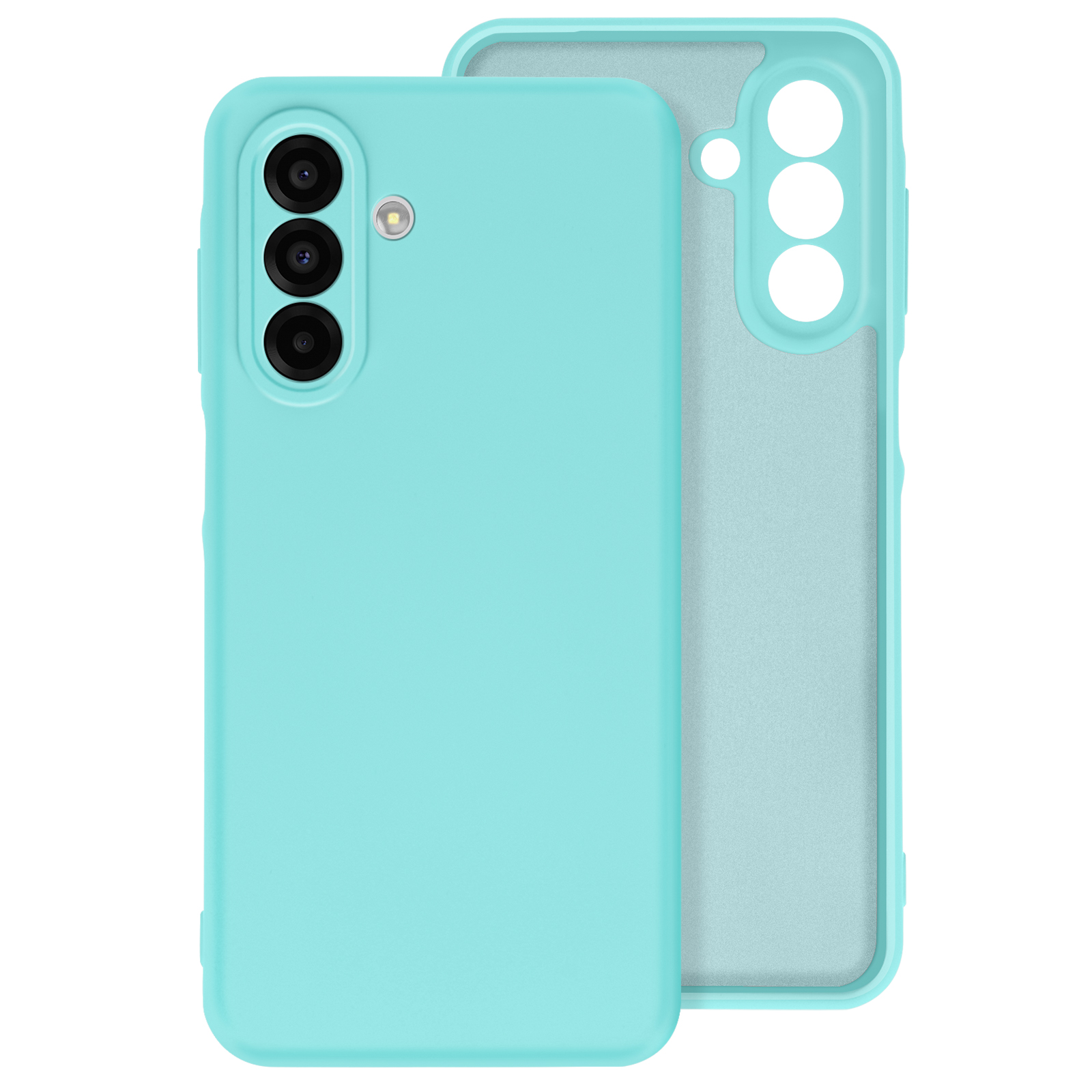 Set di custodie blu chiaro per telefono. Mostrate le coperture anteriore e posteriore.