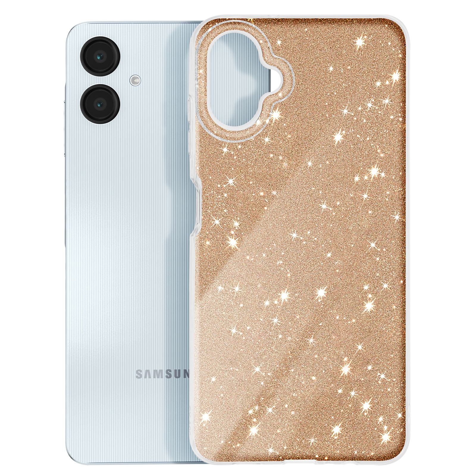 Un telefono Samsung azzurro chiaro e una custodia per telefono glitterata oro rosa, entrambi su una superficie bianca.